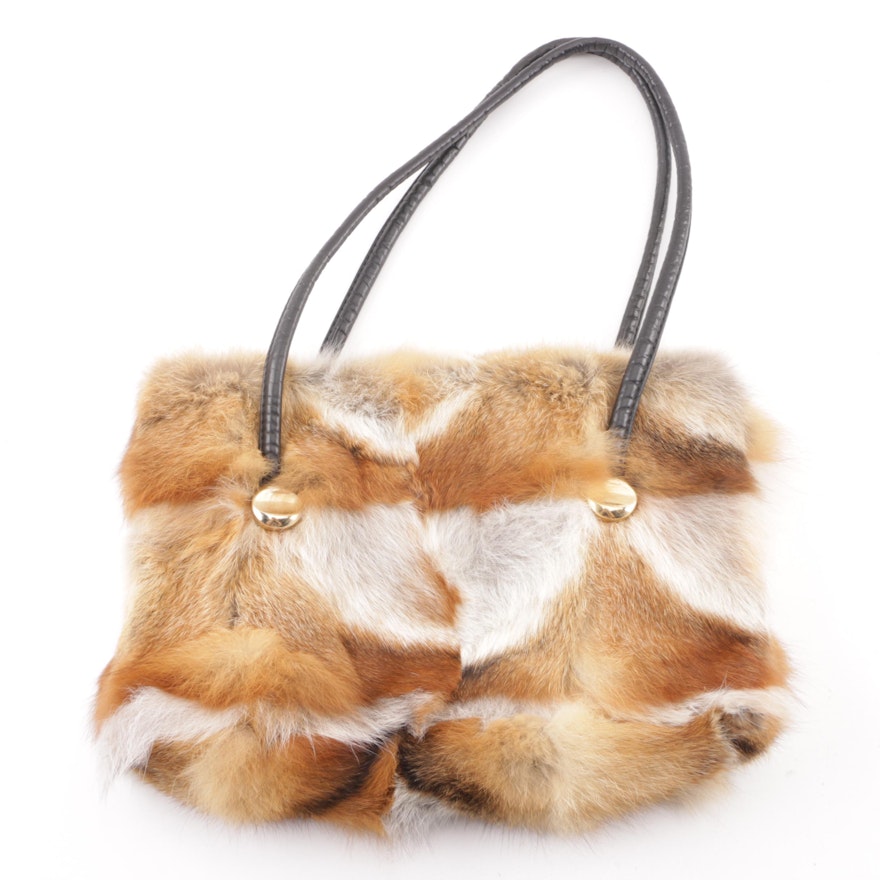 Patchwork Fox Fur Shoulder Bag with Rolled Leather Handles