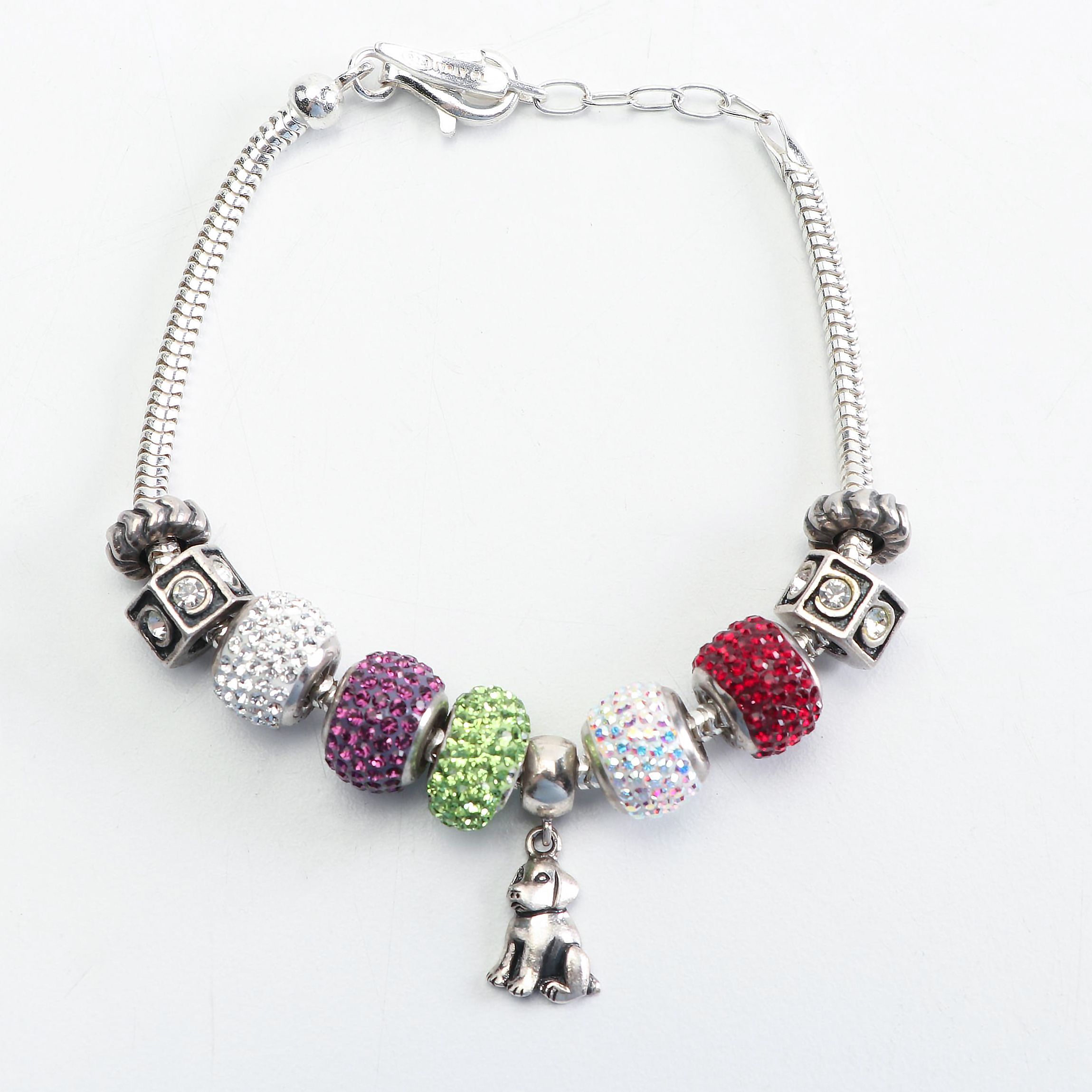 Sterling Silver Bejeweled Barrel Bead Charm Bracelet