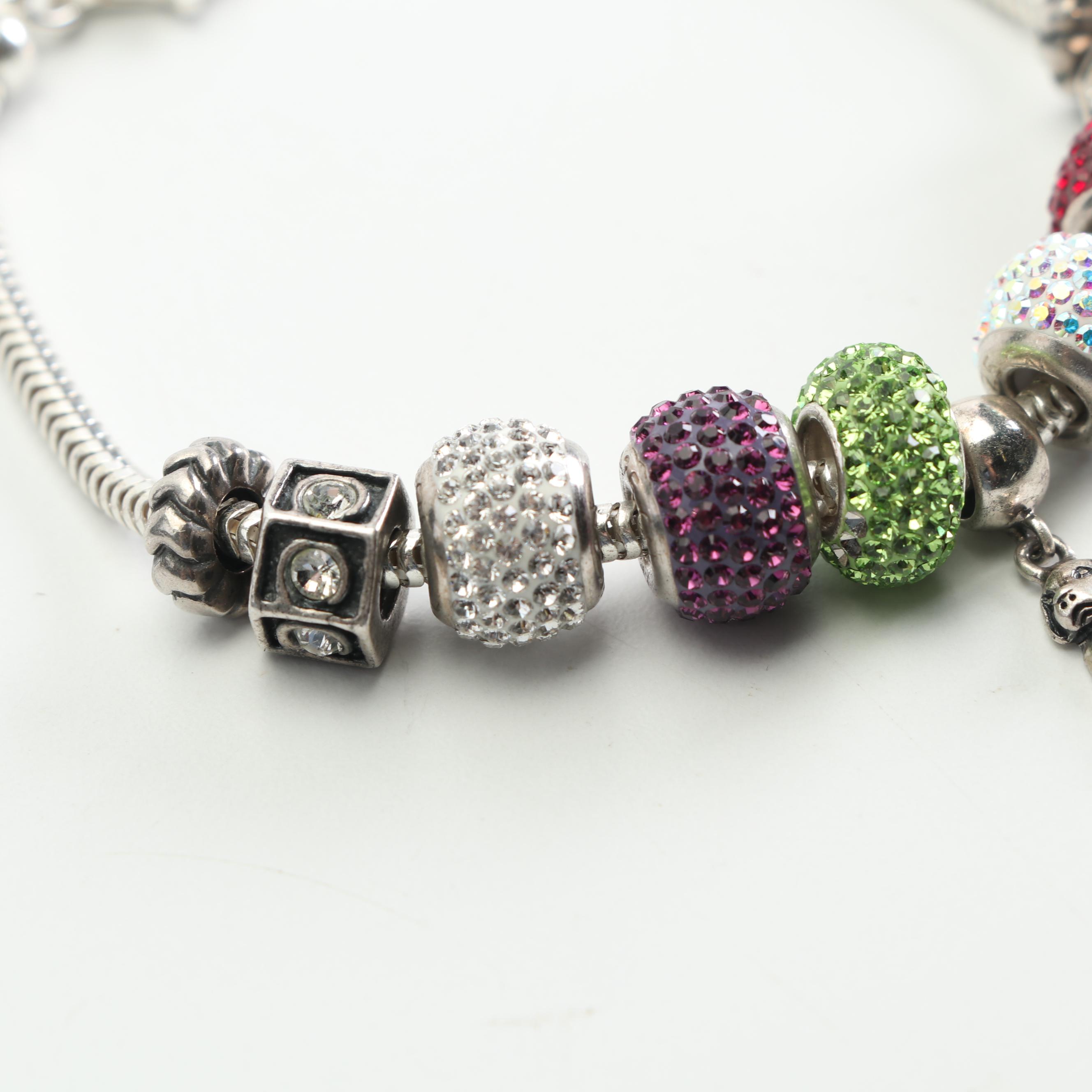 Sterling Silver Bejeweled Barrel Bead Charm Bracelet