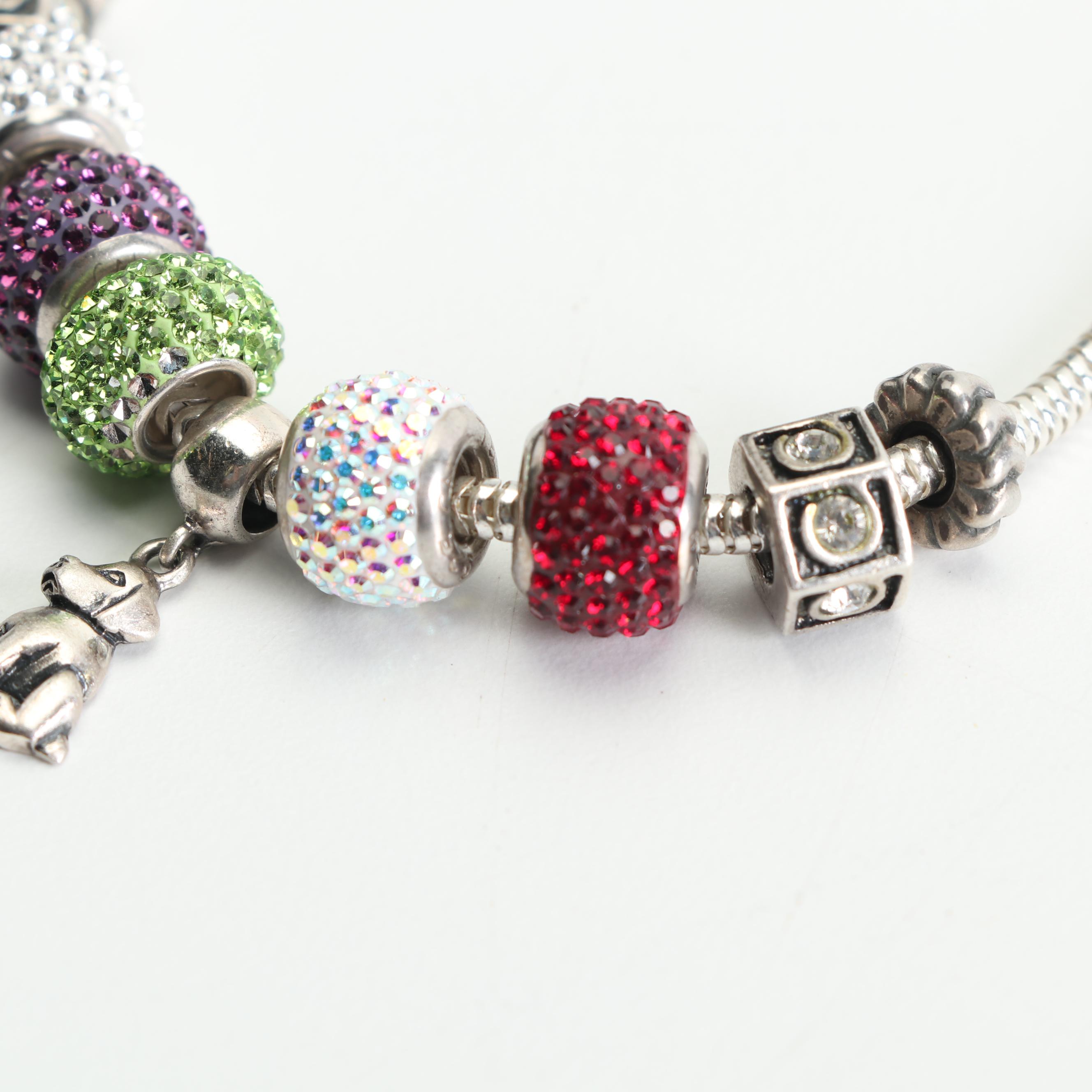 Sterling Silver Bejeweled Barrel Bead Charm Bracelet