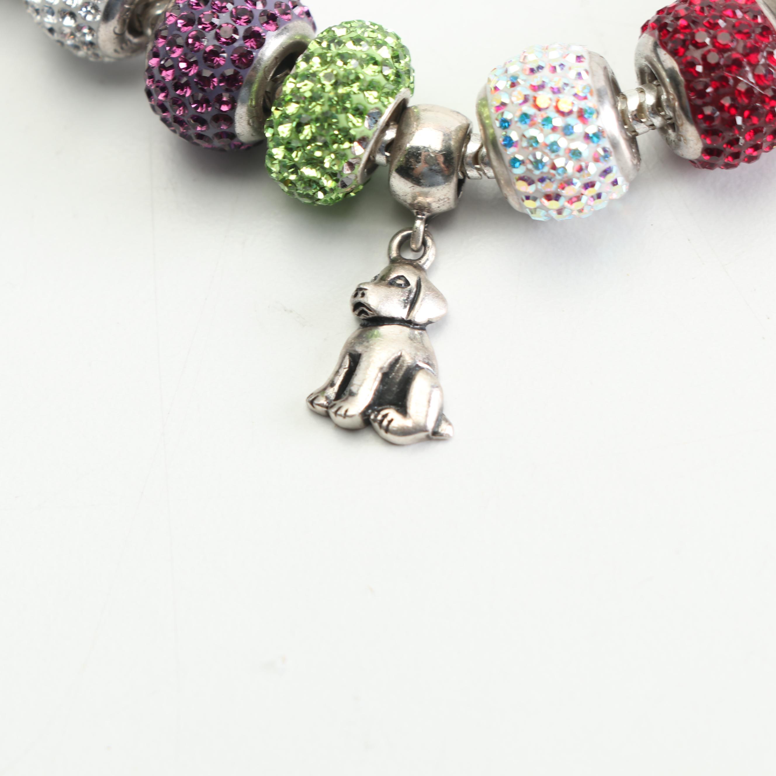Sterling Silver Bejeweled Barrel Bead Charm Bracelet