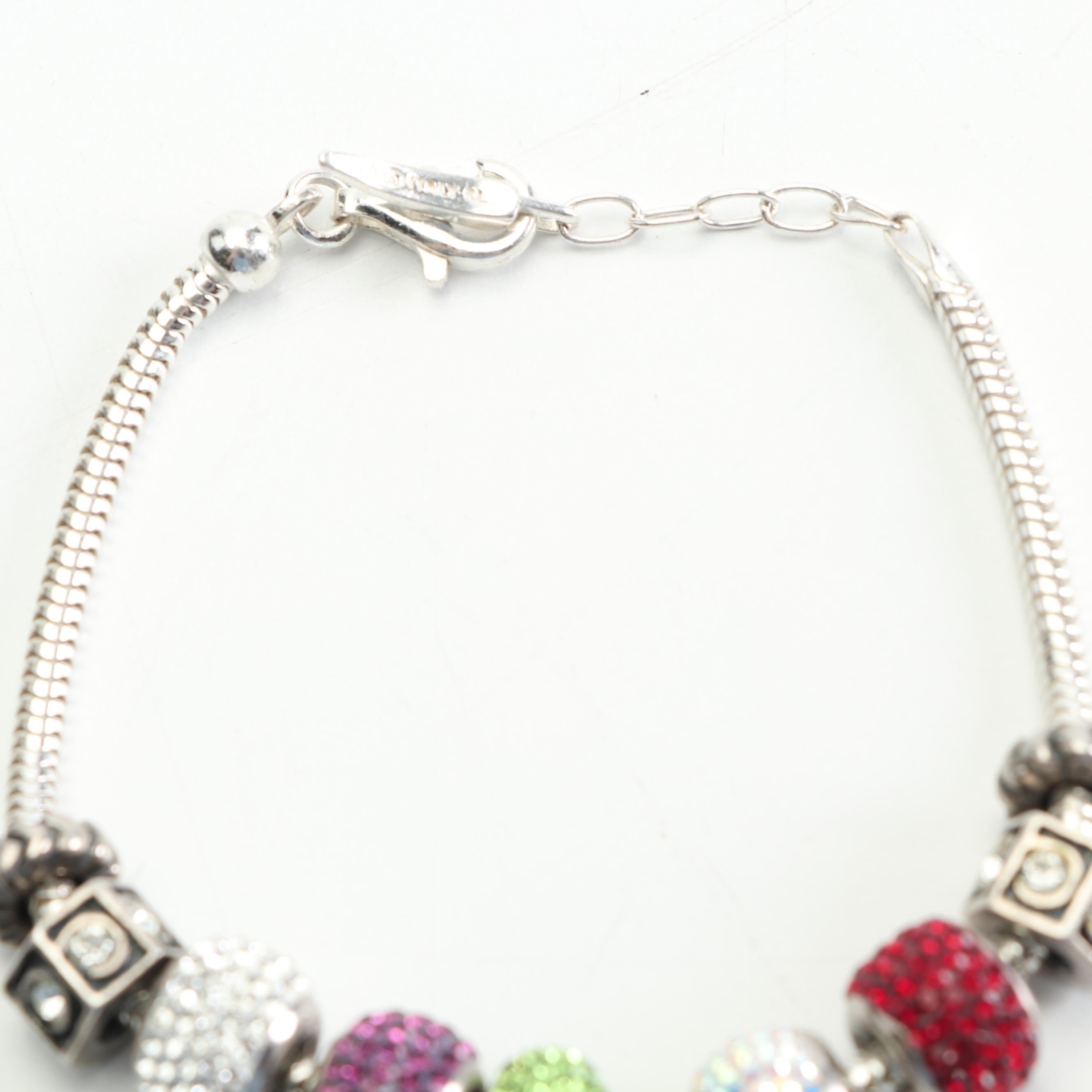 Sterling Silver Bejeweled Barrel Bead Charm Bracelet
