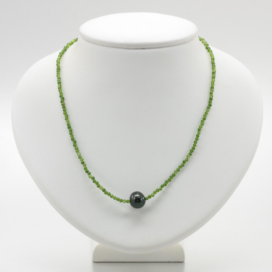 14K Yellow Gold Green Quartz and Cultured Pearl Beaded Necklace