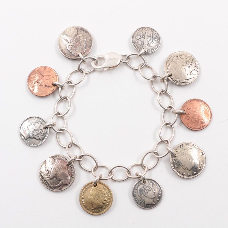 Sterling Silver Coin Themed Charm Bracelet