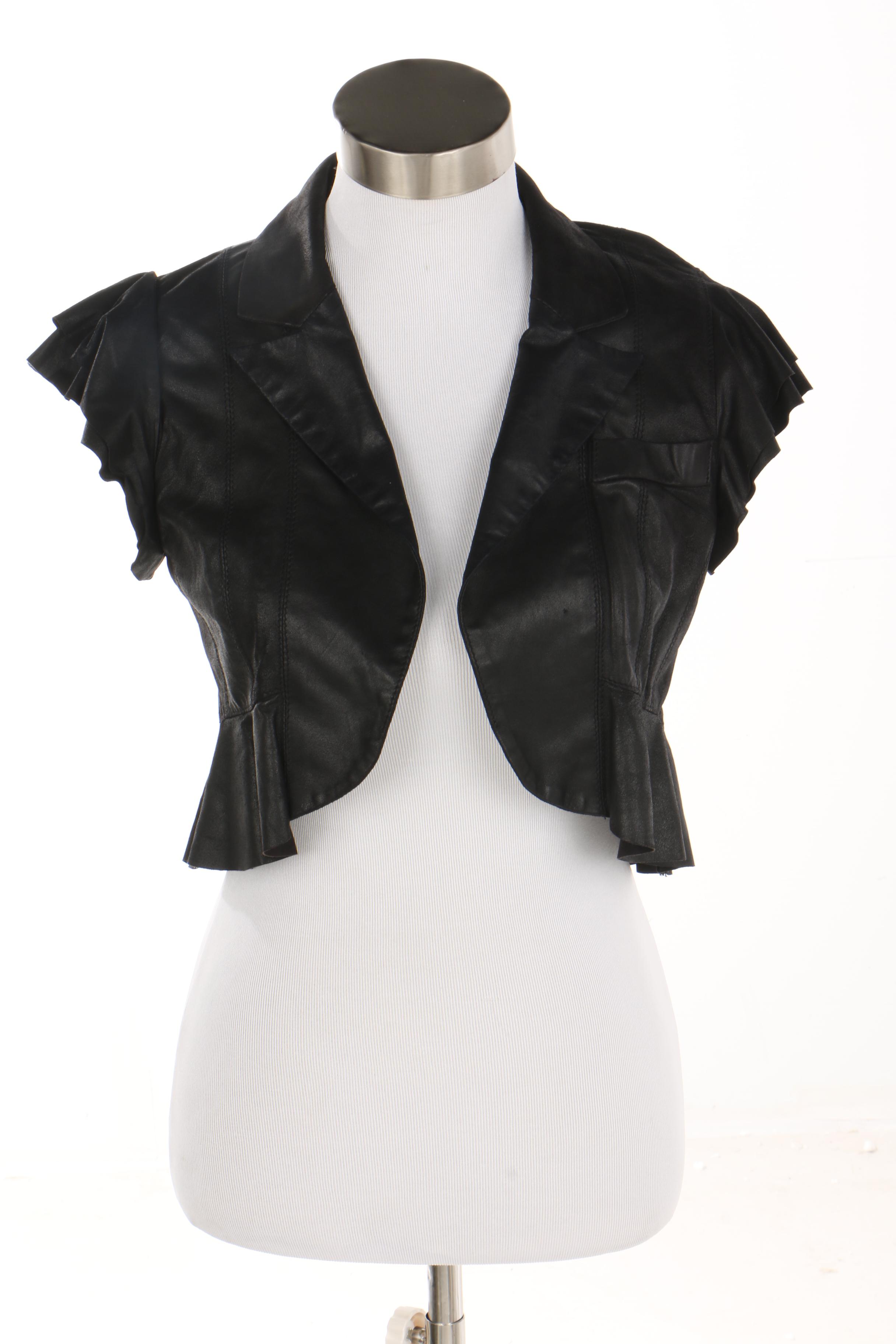 Lepore Cream Knit Sleeveless Dress with Black Ruffled Leather