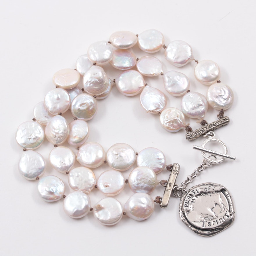 Michele Smith for Willow Creek Sterling Silver Coin Cultured Pearl Bracelet