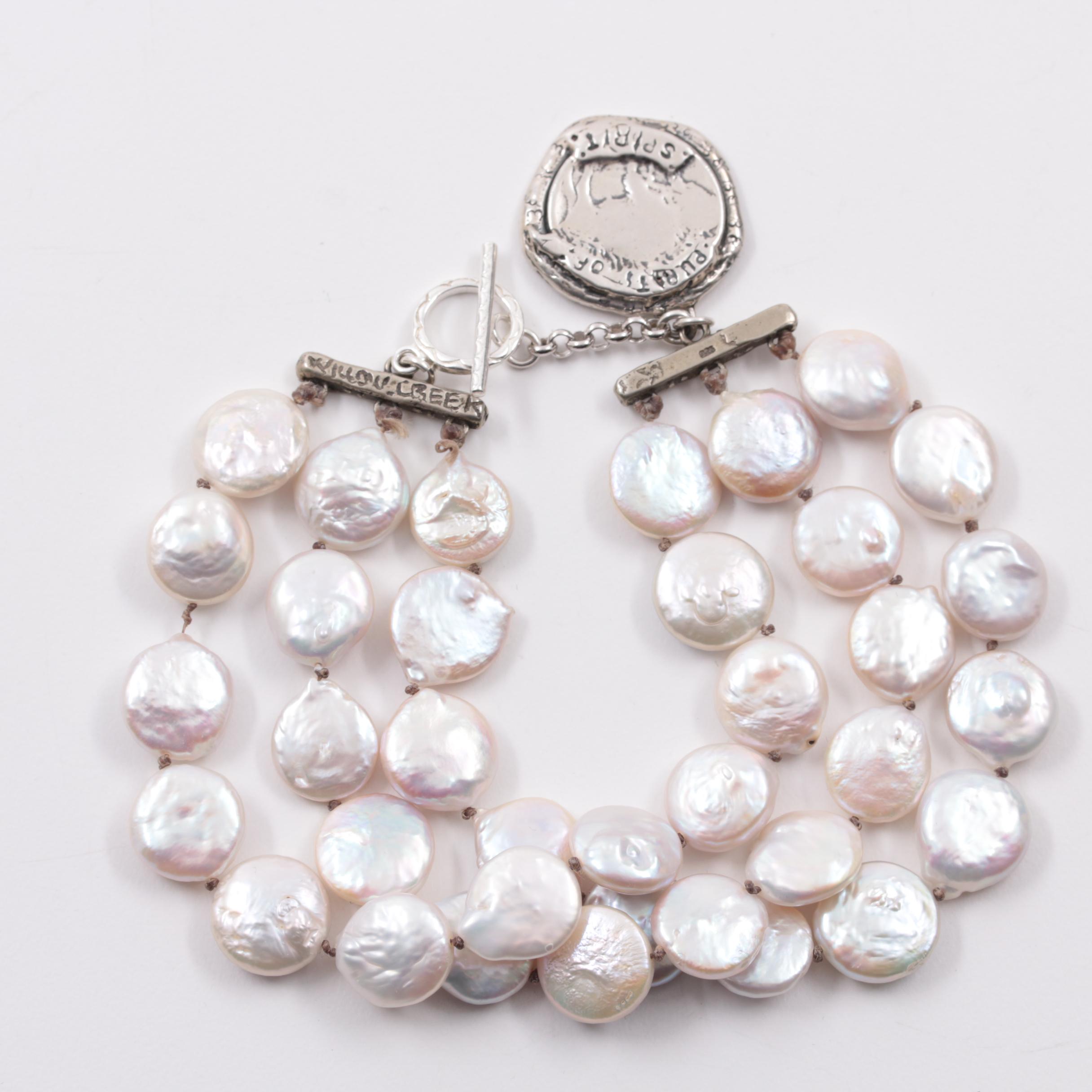 Michele Smith for Willow Creek Sterling Silver Coin Cultured Pearl Bracelet