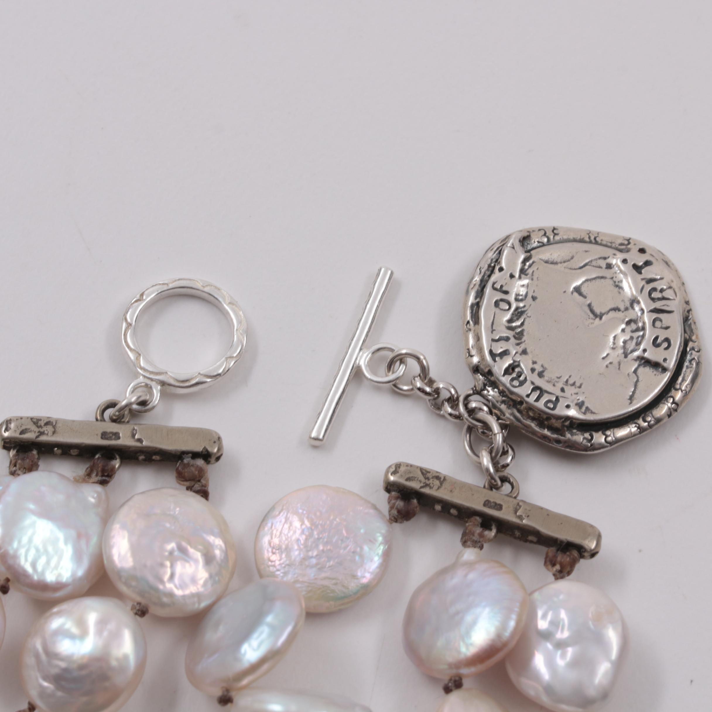 Michele Smith for Willow Creek Sterling Silver Coin Cultured Pearl Bracelet