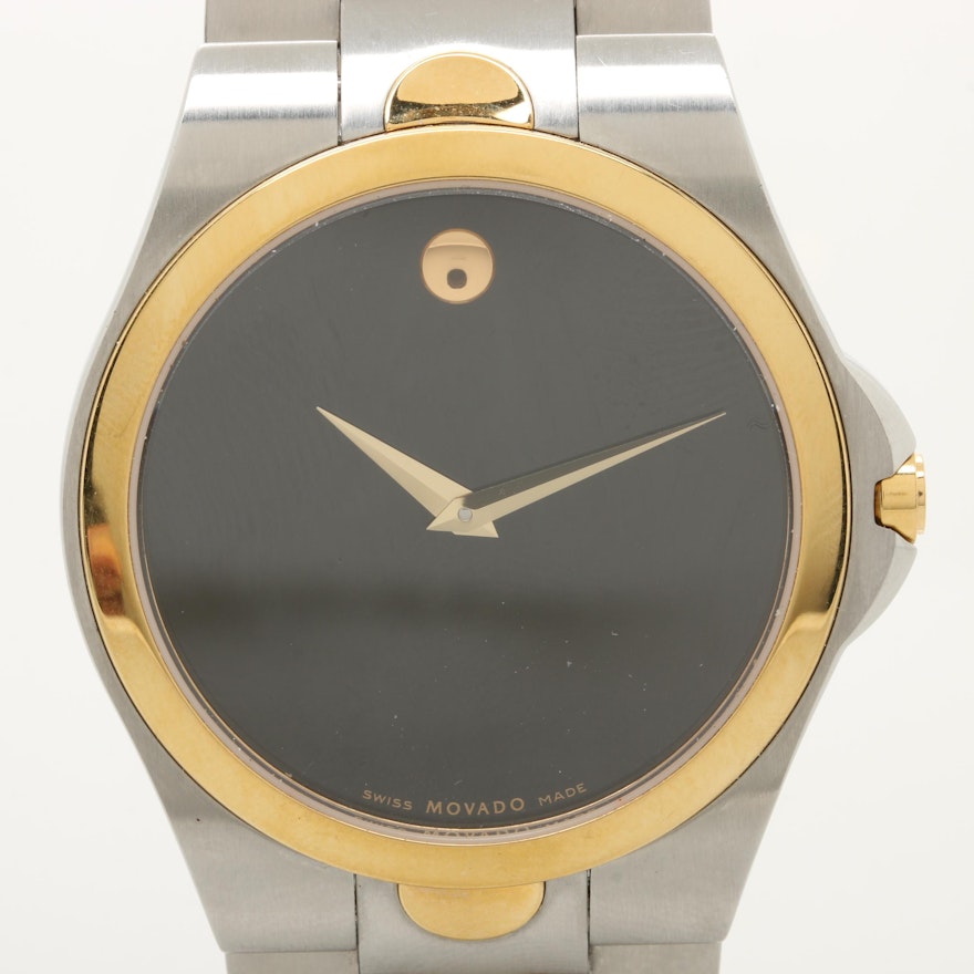 Movado Two Tone Stainless Steel Black Dial Wristwatch