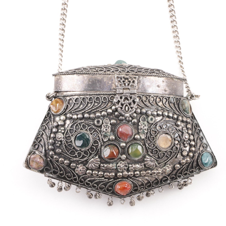 Vintage Metal Filigree Handbag with Gemstones