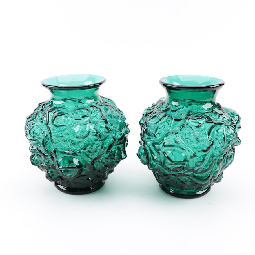 Vintage Imperial Glass Floral Motif Green Glass Vases
