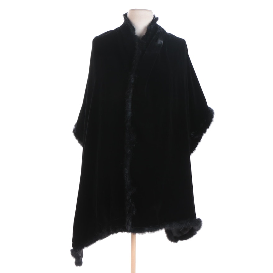 Black Velvet Shawl with Rabbit Fur Trim