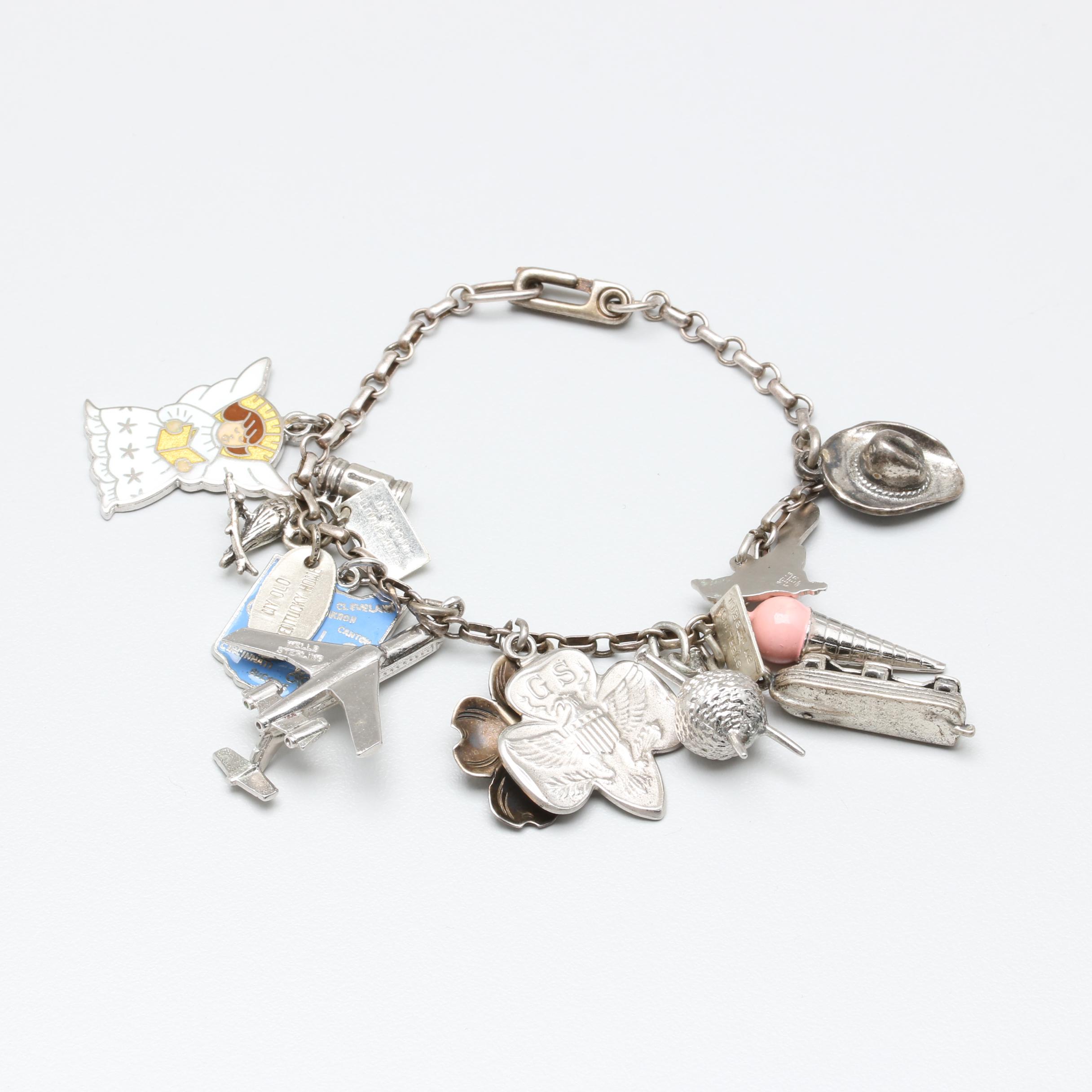 Sterling Silver and Silver Tone Enamel Charm Bracelet