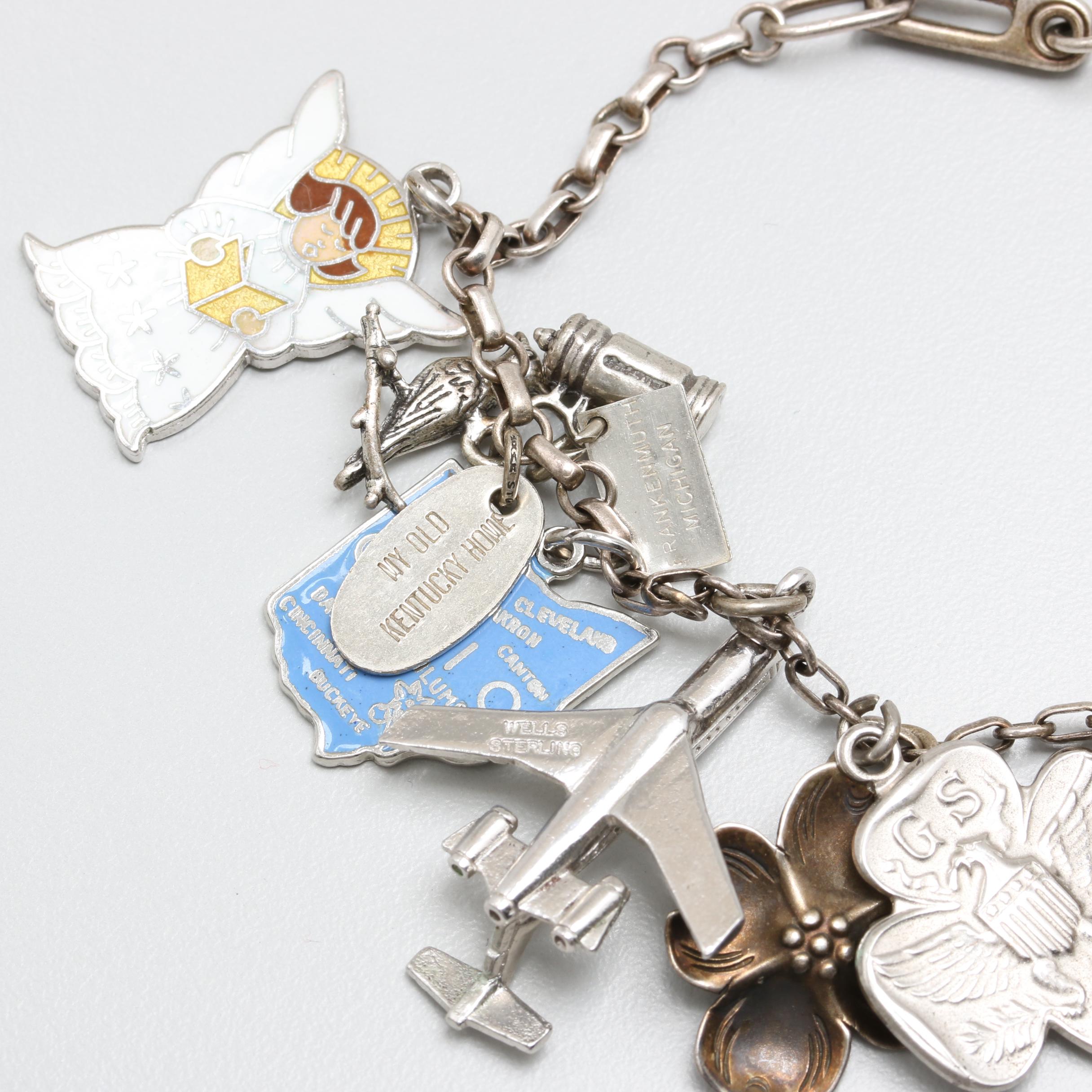 Sterling Silver and Silver Tone Enamel Charm Bracelet