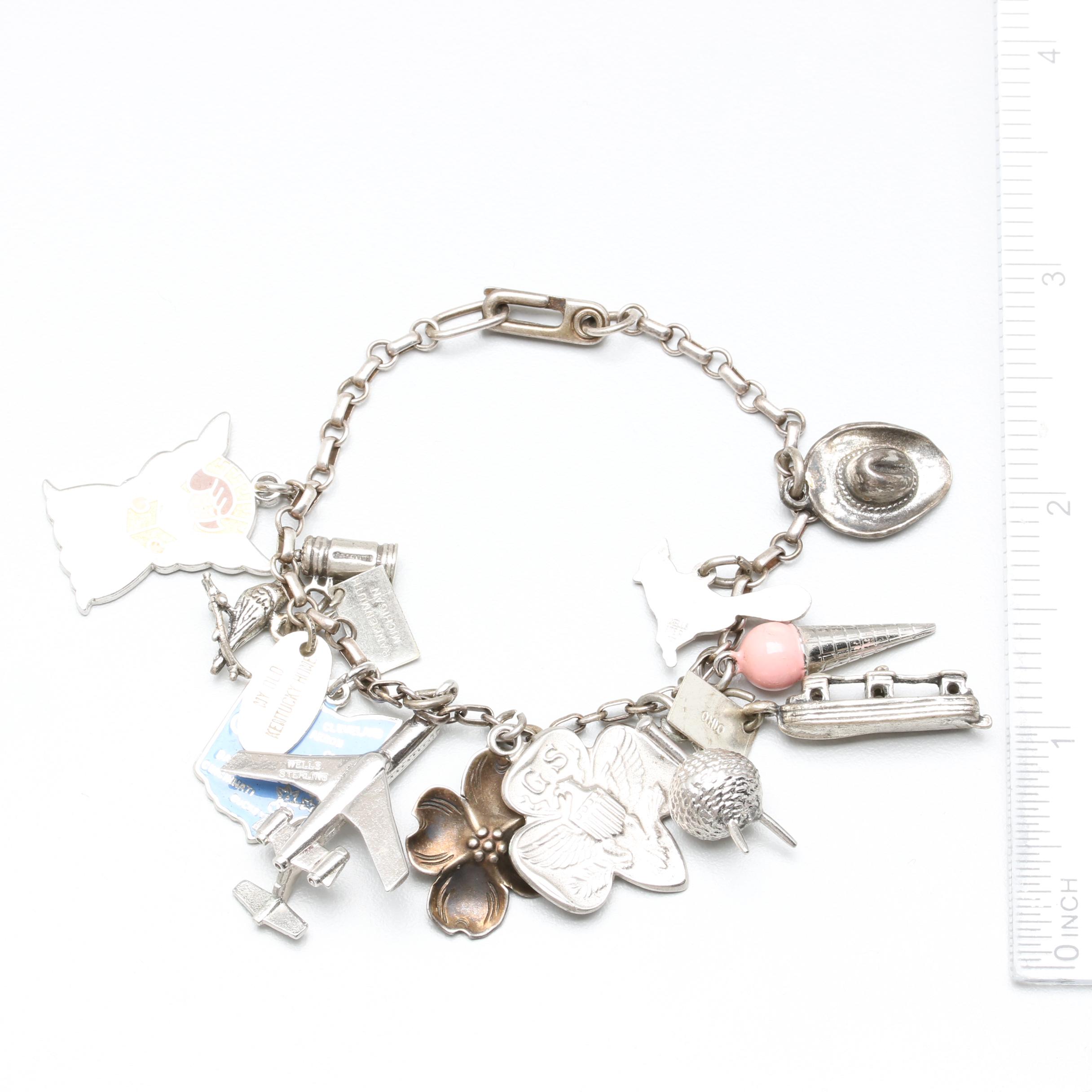 Sterling Silver and Silver Tone Enamel Charm Bracelet