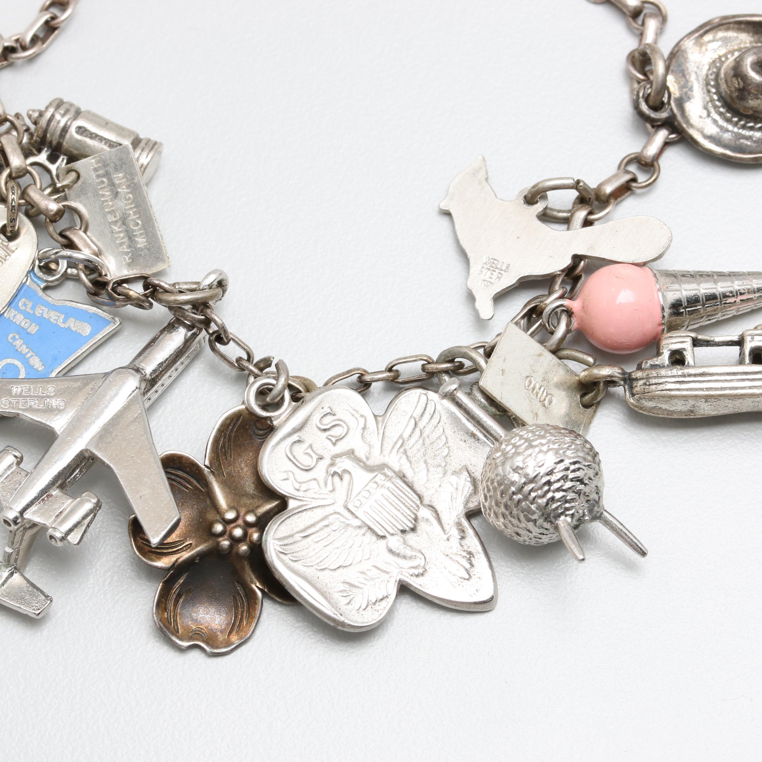 Sterling Silver and Silver Tone Enamel Charm Bracelet