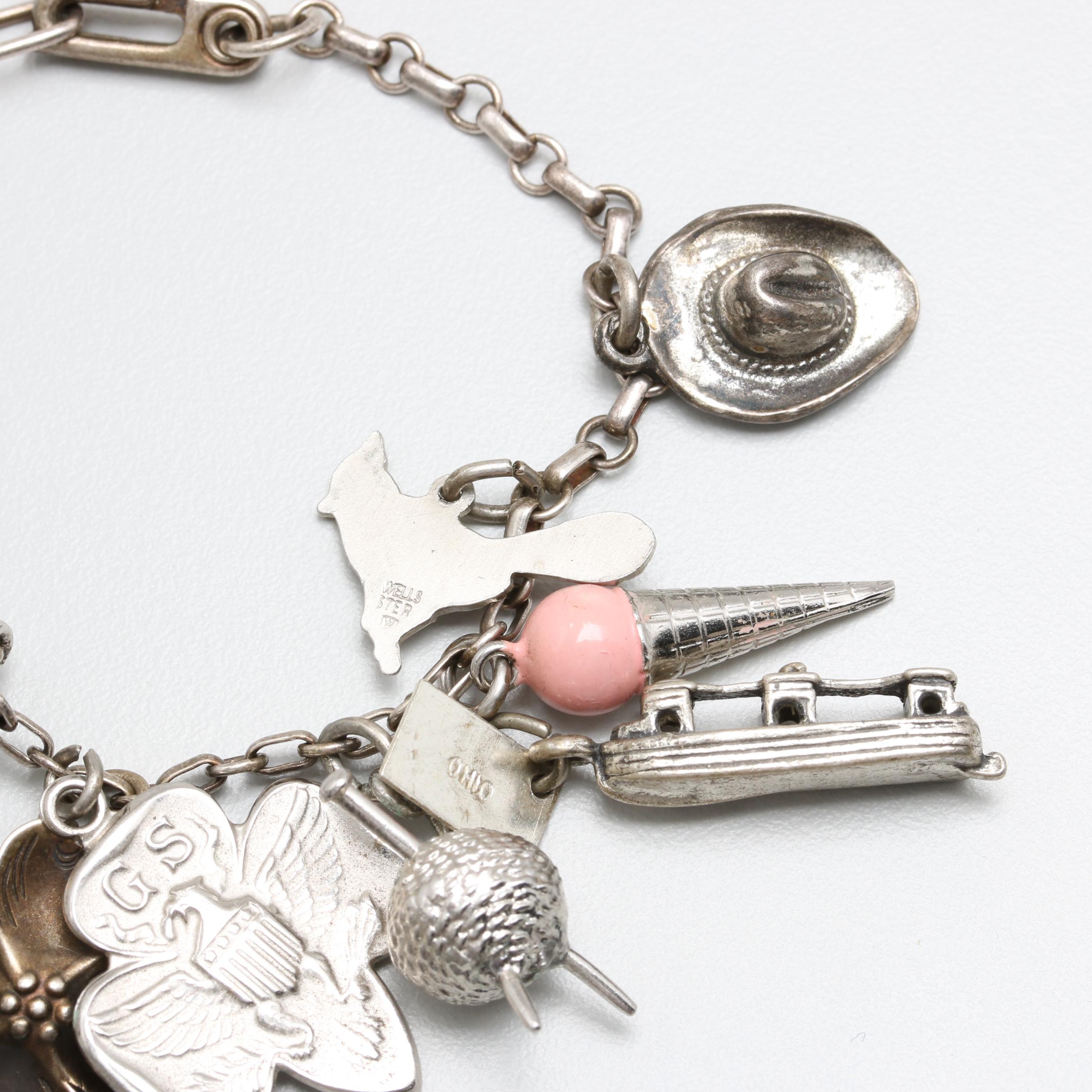Sterling Silver and Silver Tone Enamel Charm Bracelet