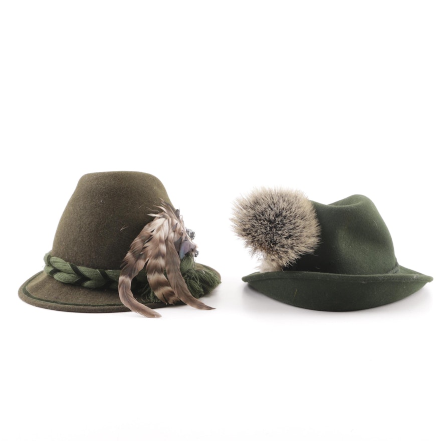 Vintage Austrian Green Felt Tyrolean Hats with Embellishments