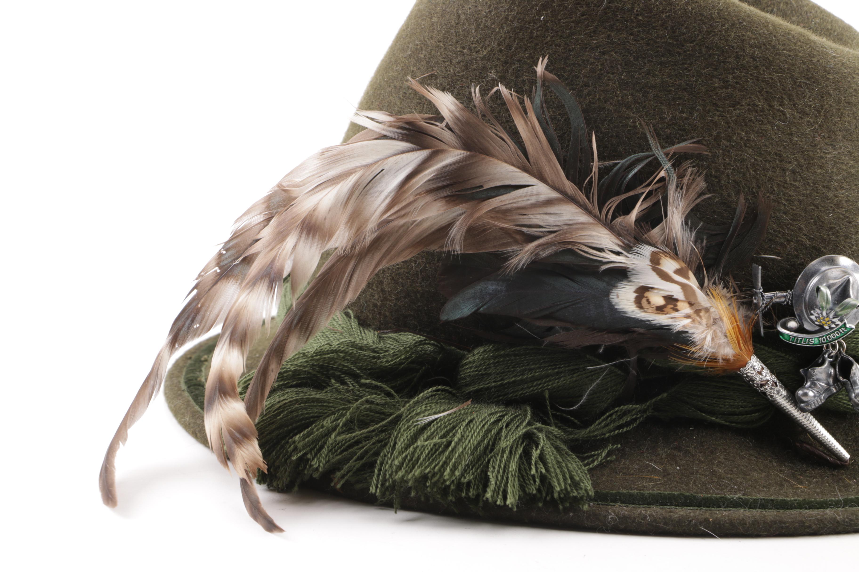 Vintage Austrian Green Felt Tyrolean Hats with Embellishments