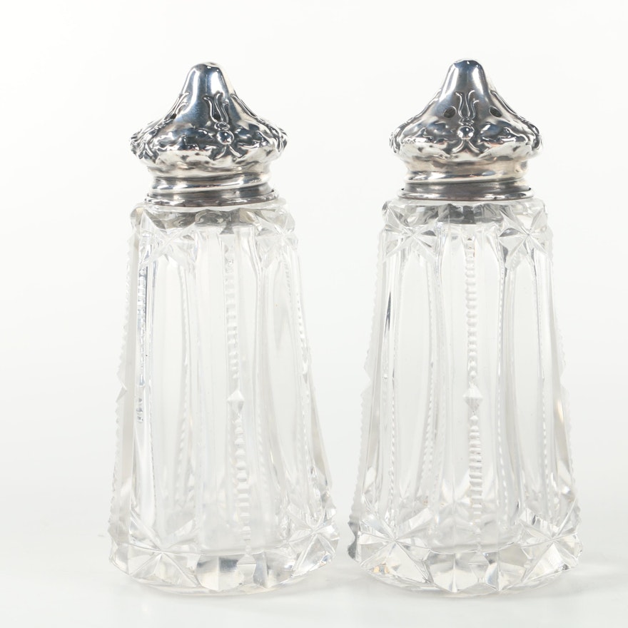 Sterling Lidded Art Nouveau Style Glass Salt and Pepper Shaker Set