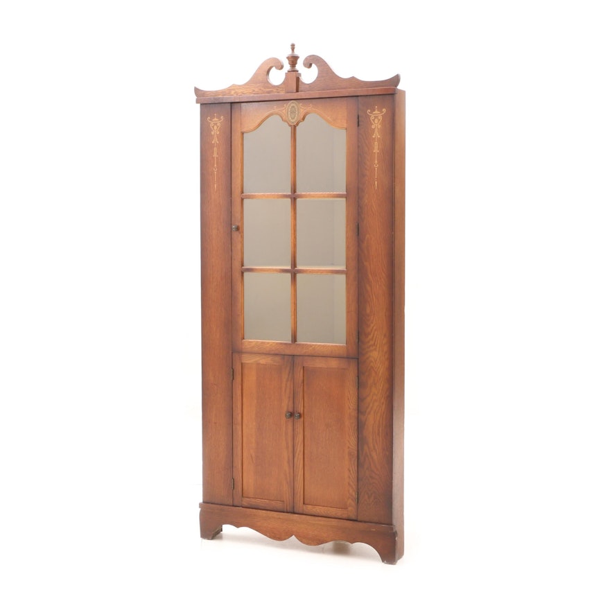 Early 1900s Stenciled Oak Corner Cabinet