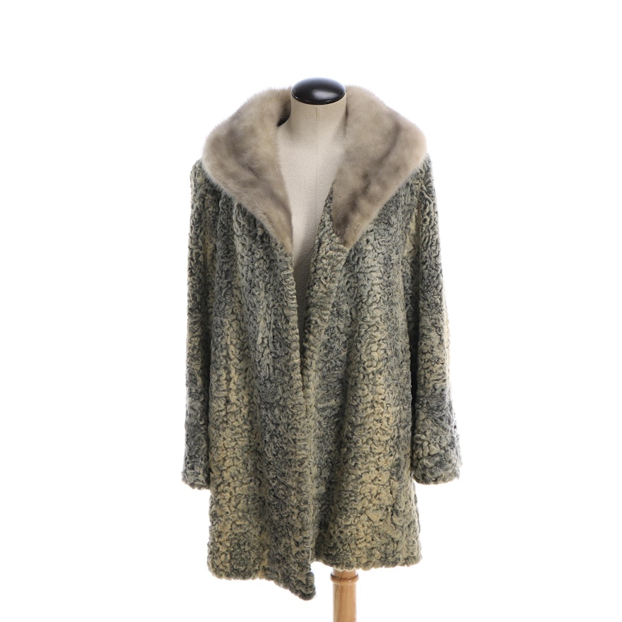 Women's Vintage Persian Lamb Fur Stroller Coat with Mink Fur Collar