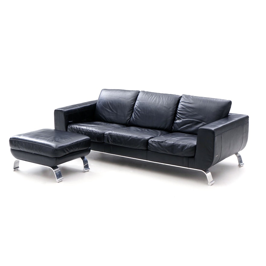 Contemporary Italian Black Leather Sofa by Natuzzi