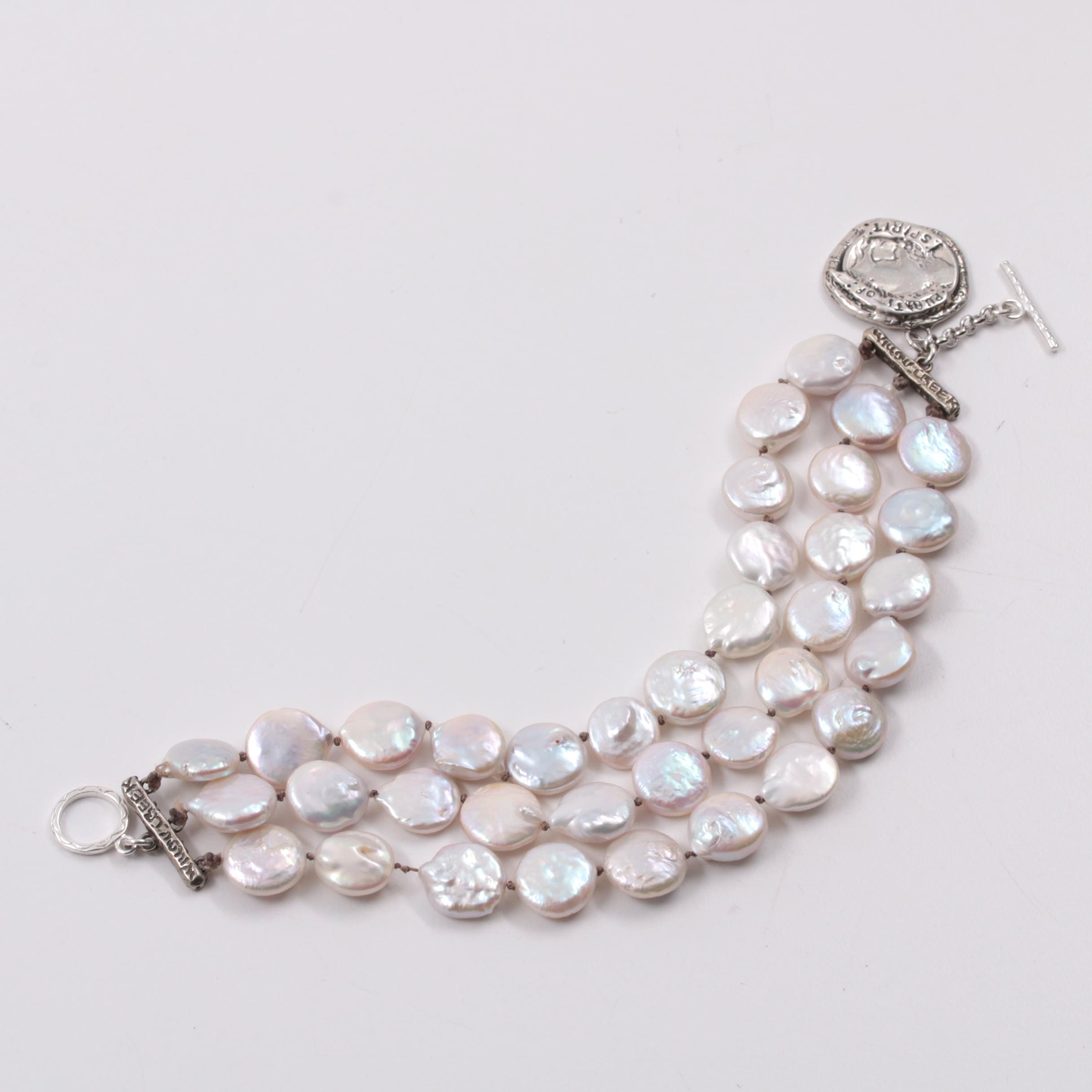 Michele Smith for Willow Creek Sterling Silver Coin Cultured Pearl Bracelet