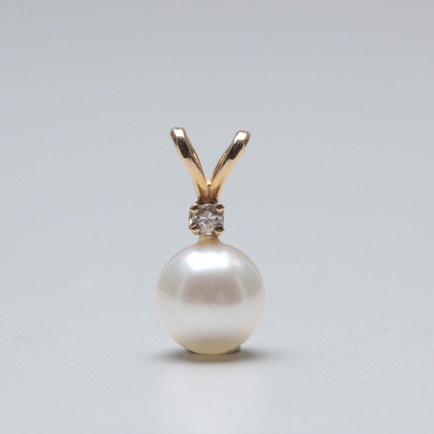 14K Yellow Gold Cultured Pearl and Diamond Pendant