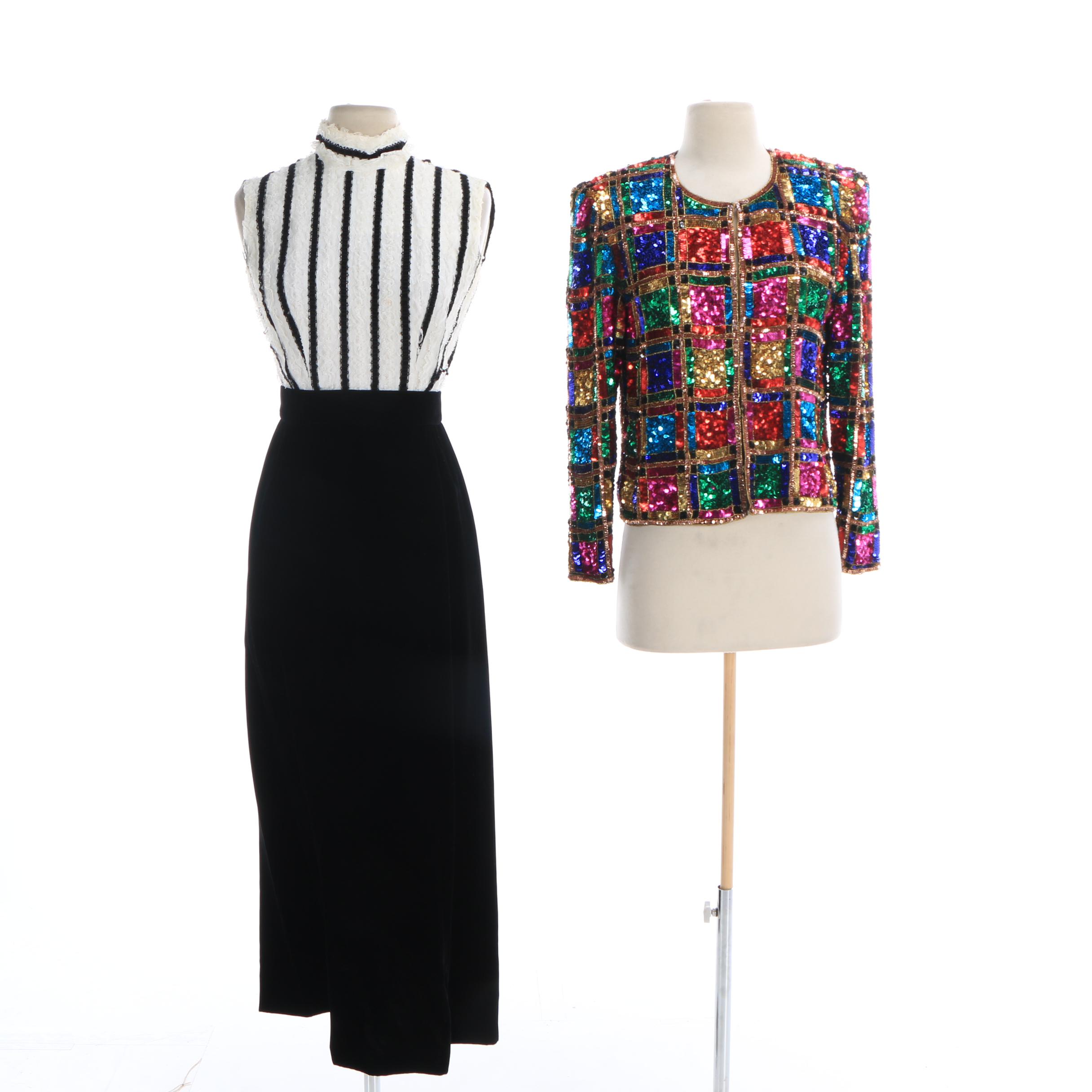 Vintage Lace and Velveteen Sleeveless Dress and Marshall Fields Sequined Jacket