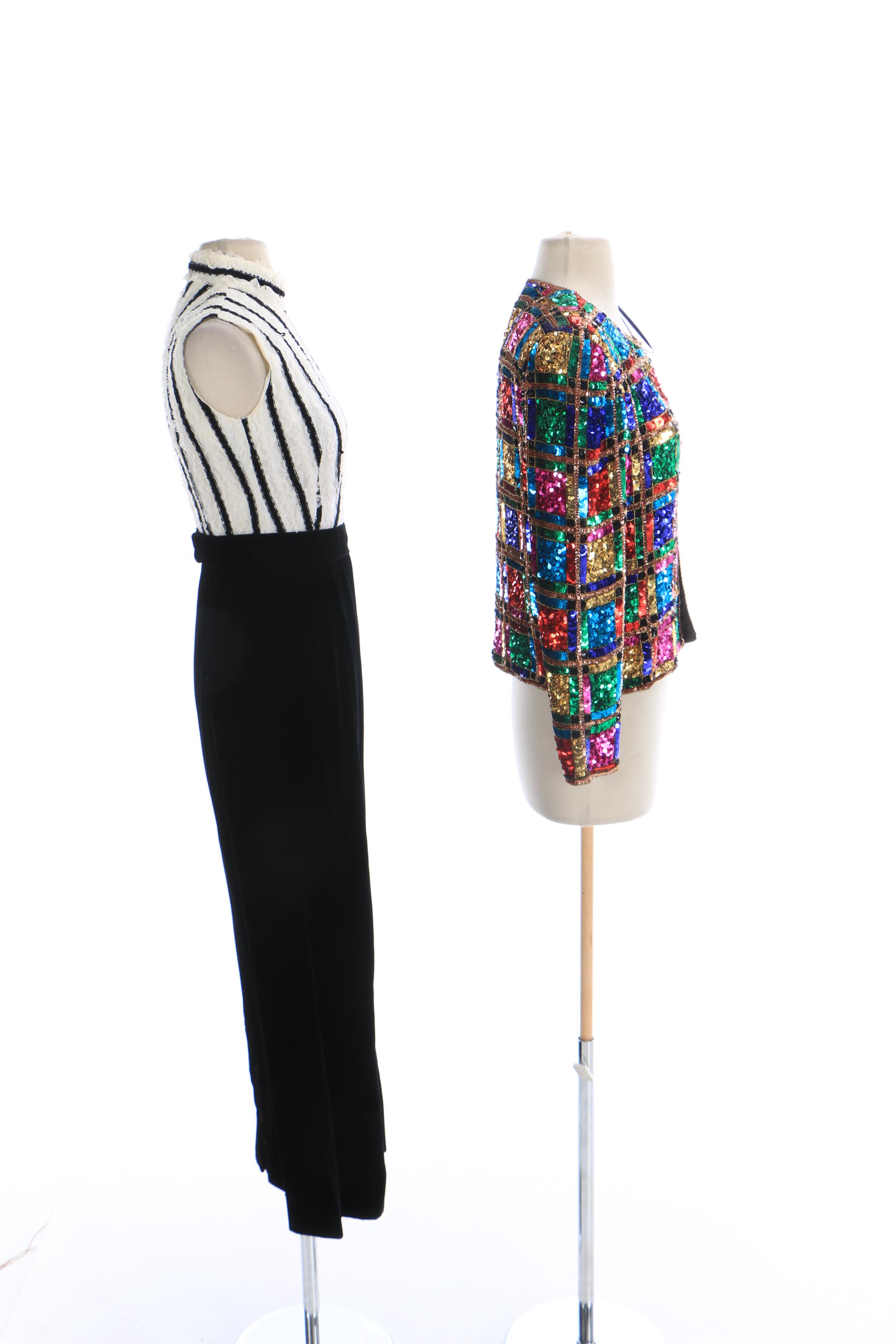 Vintage Lace and Velveteen Sleeveless Dress and Marshall Fields Sequined Jacket