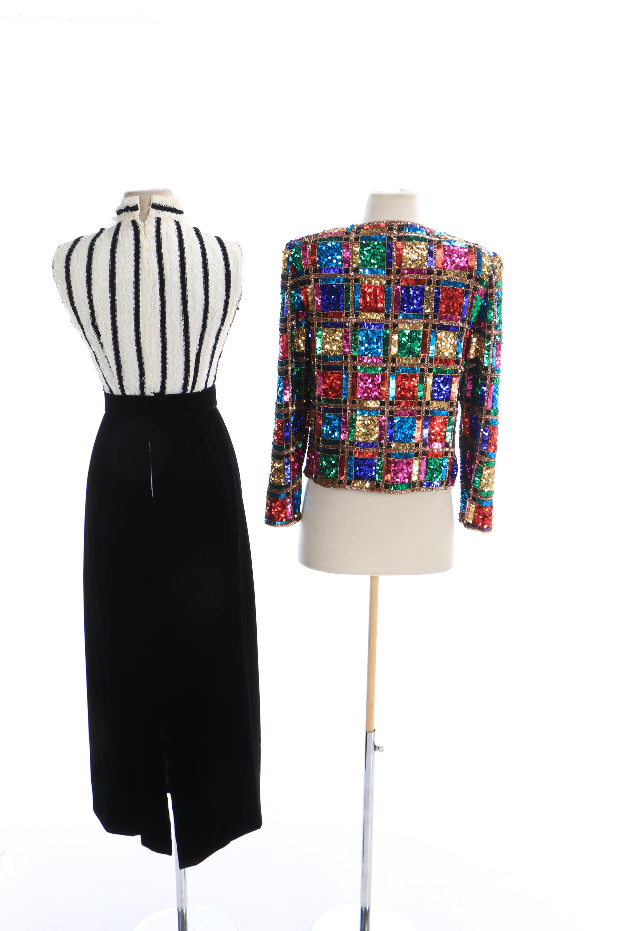 Vintage Lace and Velveteen Sleeveless Dress and Marshall Fields Sequined Jacket