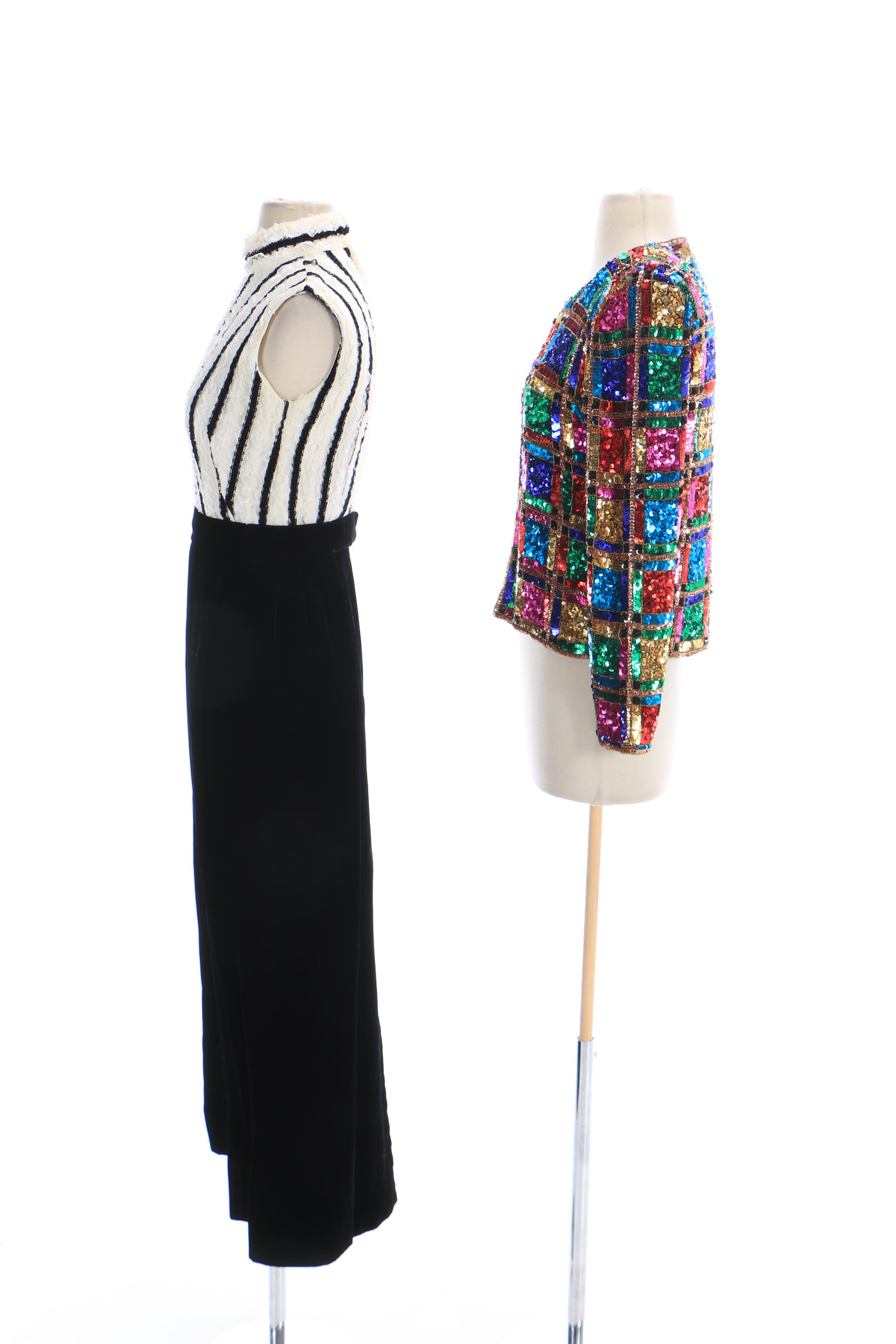 Vintage Lace and Velveteen Sleeveless Dress and Marshall Fields Sequined Jacket