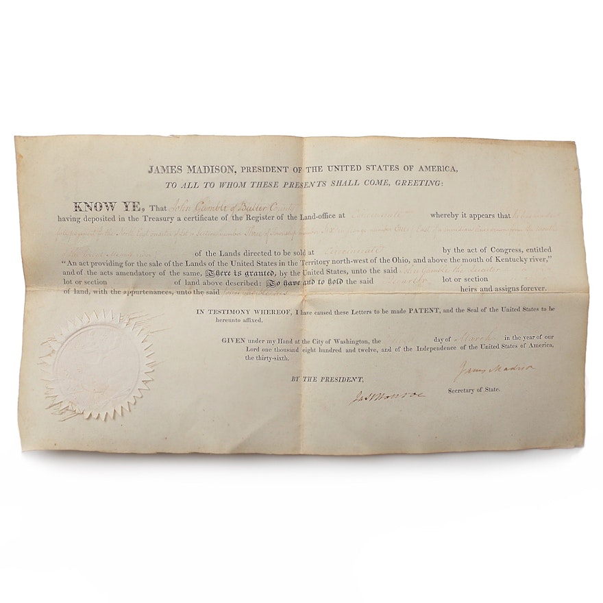 James Madison and James Monroe Land Grant Document Signed March 3, 1812