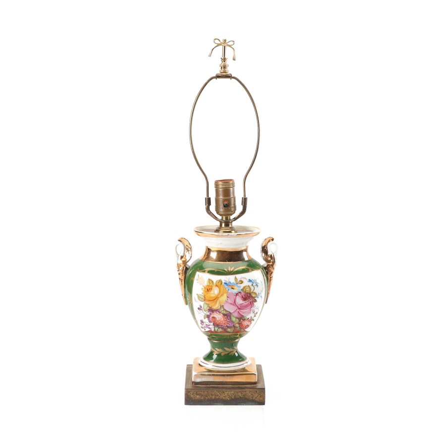 Sevres-Style Hand-Painted Floral Themed Mounted Porcelain Urn Lamp