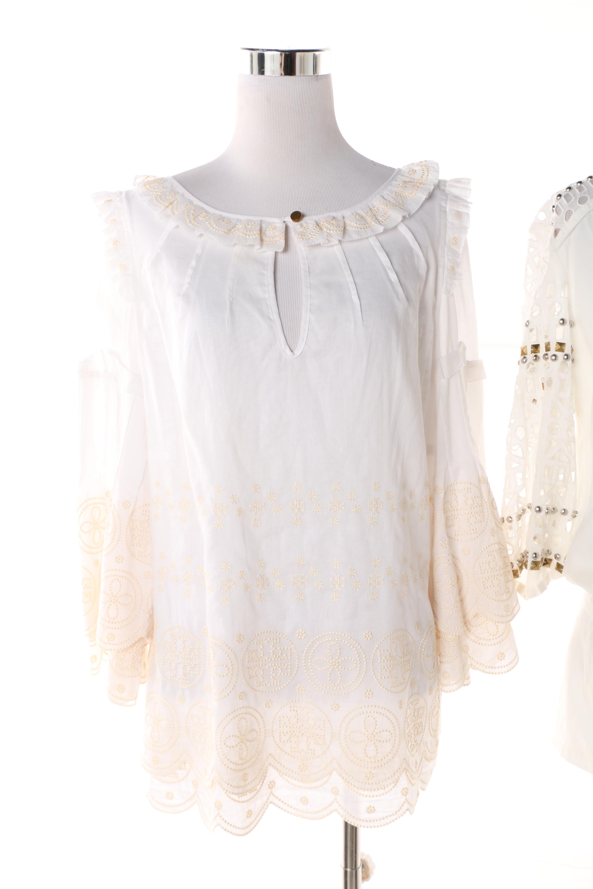 Tory Burch Embroidered and Embellished Cotton Tunic Style Tops