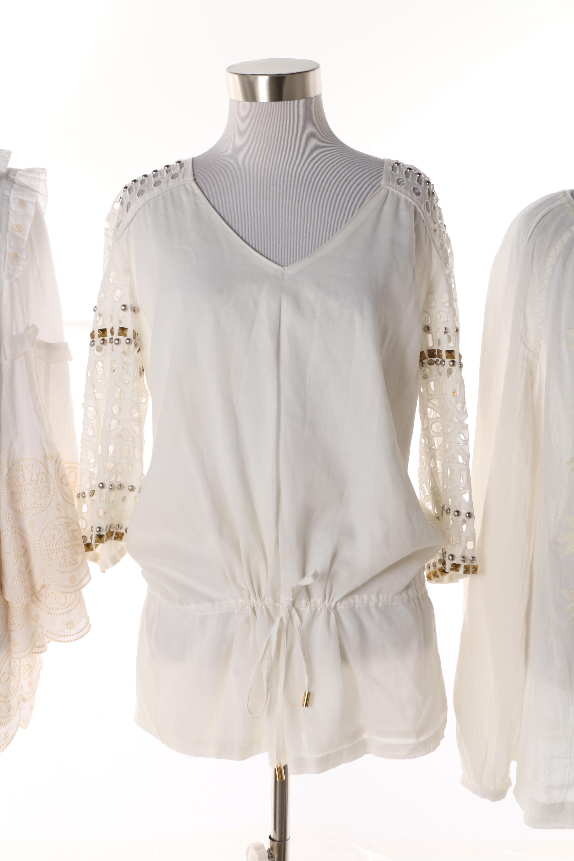 Tory Burch Embroidered and Embellished Cotton Tunic Style Tops