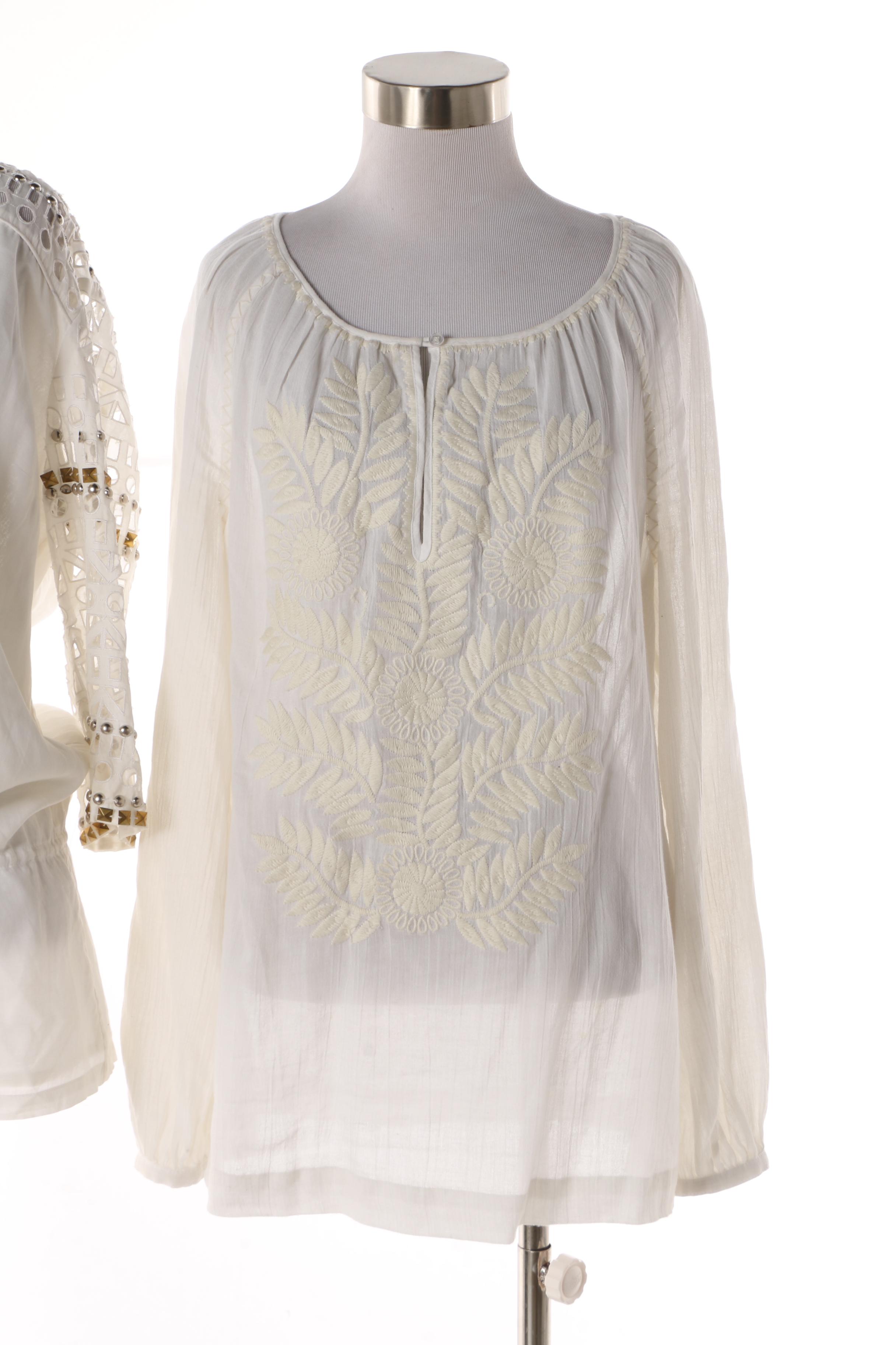 Tory Burch Embroidered and Embellished Cotton Tunic Style Tops