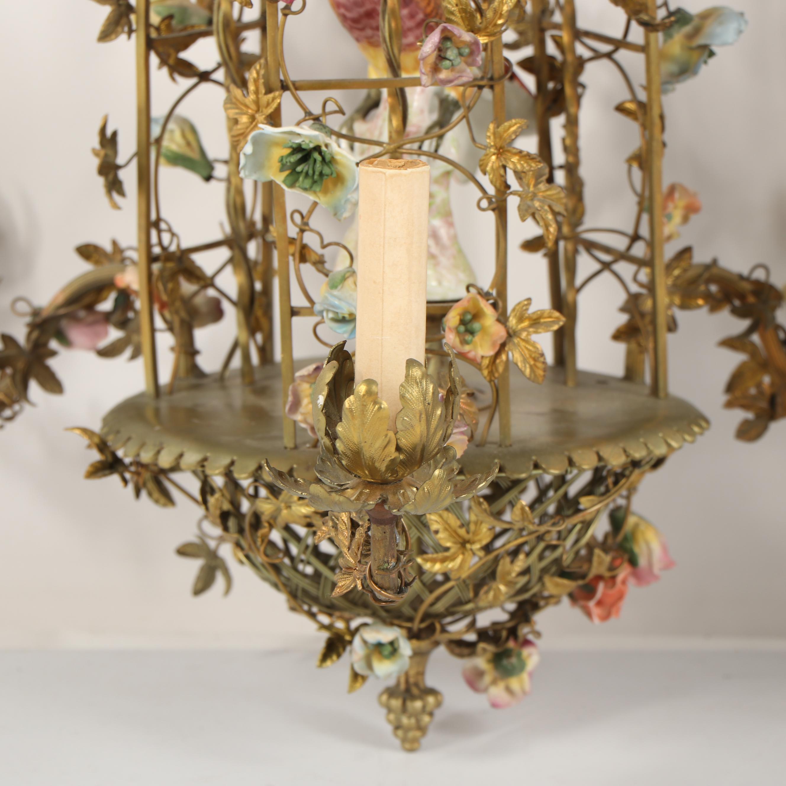Antique French Ormolu Birdcage Chandelier with Porcelain Bird and Flowers