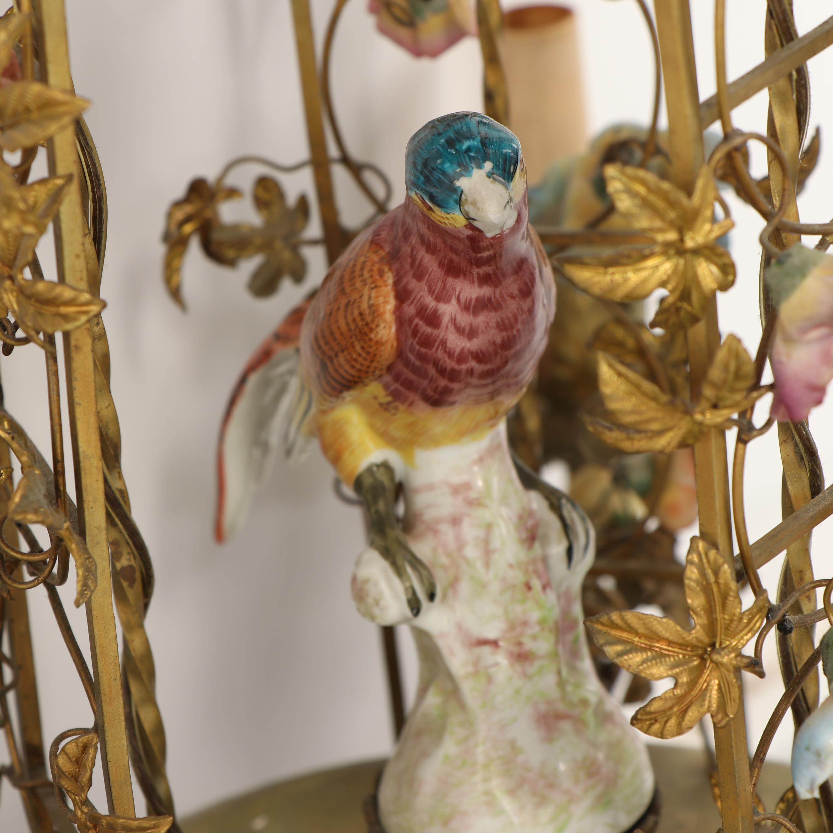 Antique French Ormolu Birdcage Chandelier with Porcelain Bird and Flowers