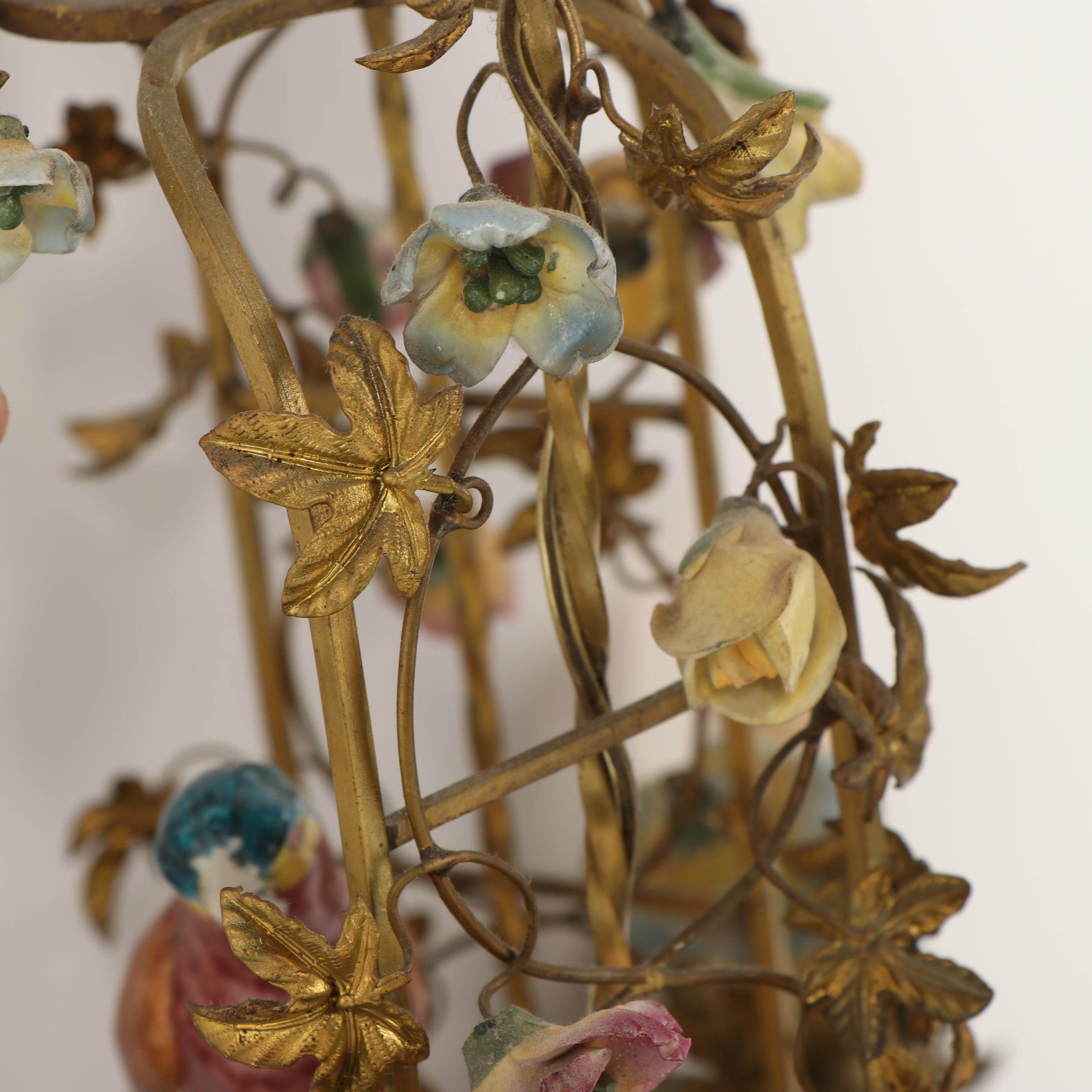 Antique French Ormolu Birdcage Chandelier with Porcelain Bird and Flowers
