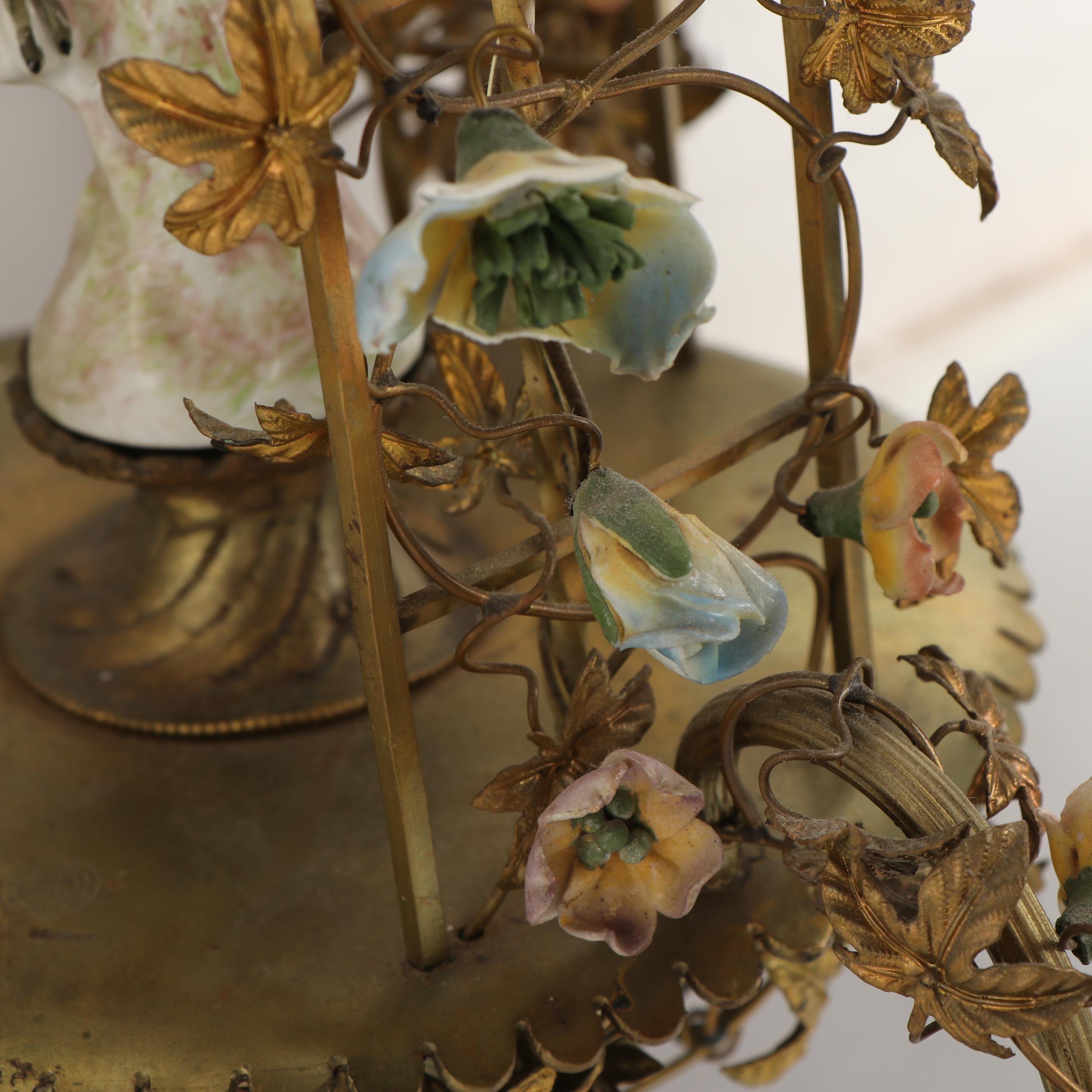 Antique French Ormolu Birdcage Chandelier with Porcelain Bird and Flowers