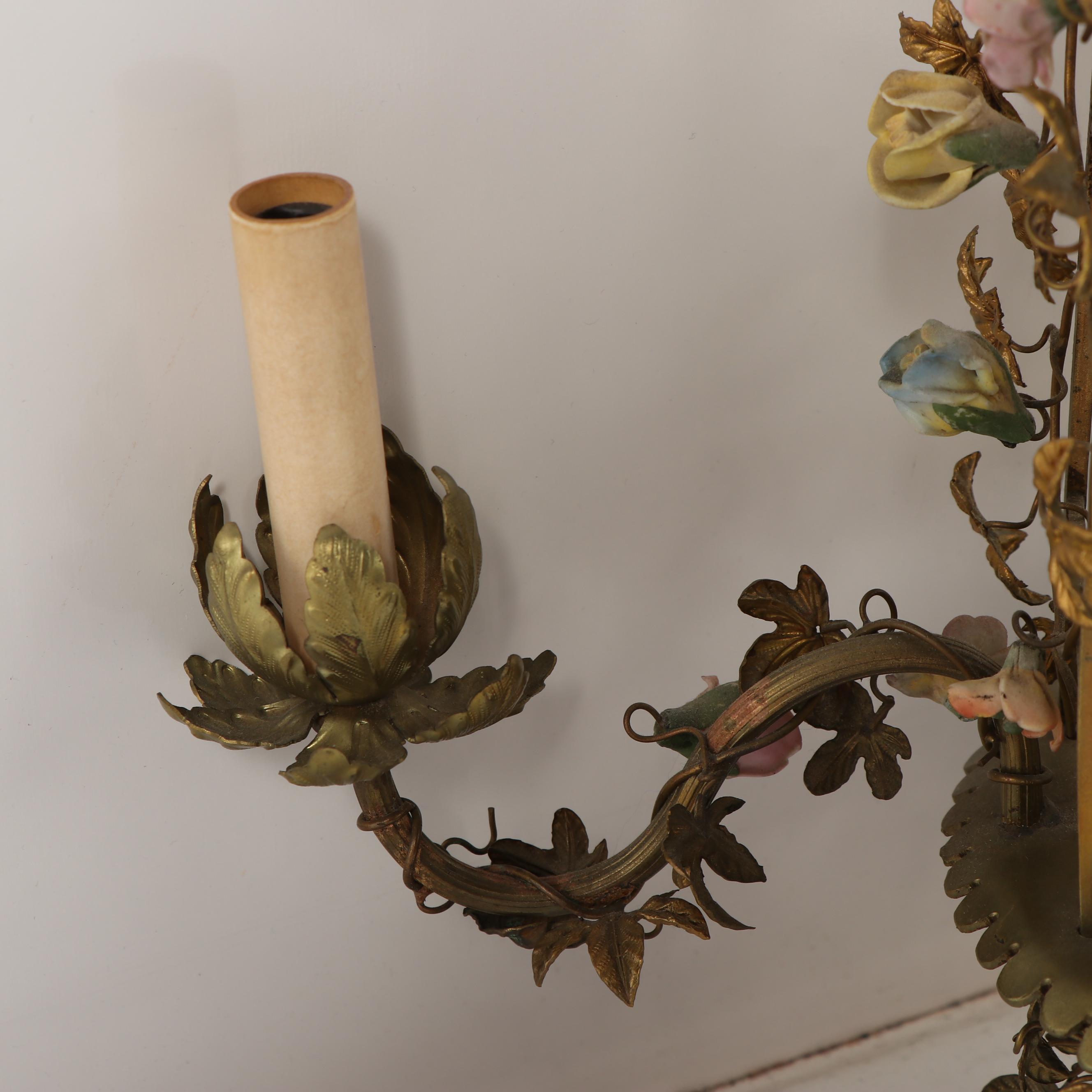 Antique French Ormolu Birdcage Chandelier with Porcelain Bird and Flowers