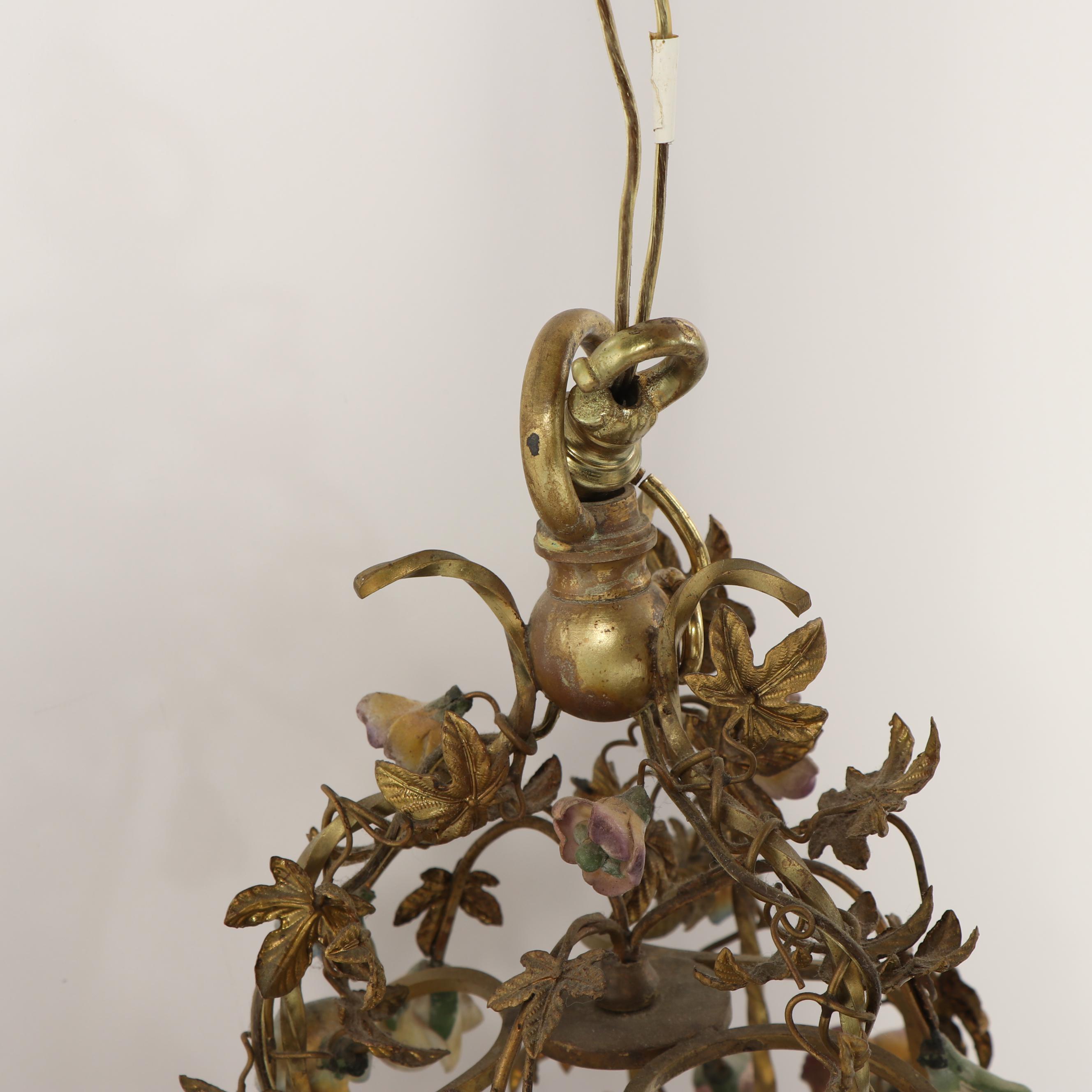 Antique French Ormolu Birdcage Chandelier with Porcelain Bird and Flowers