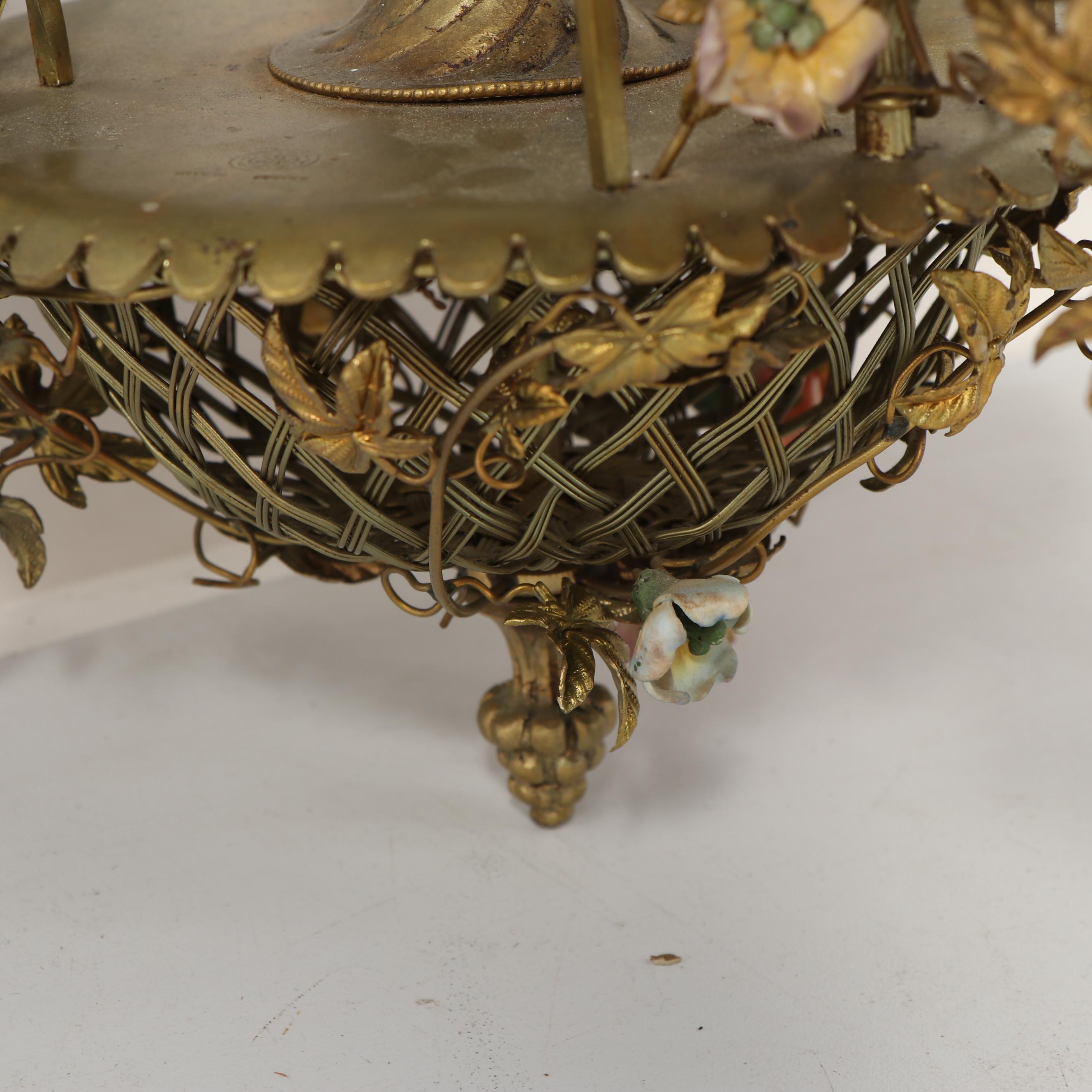 Antique French Ormolu Birdcage Chandelier with Porcelain Bird and Flowers