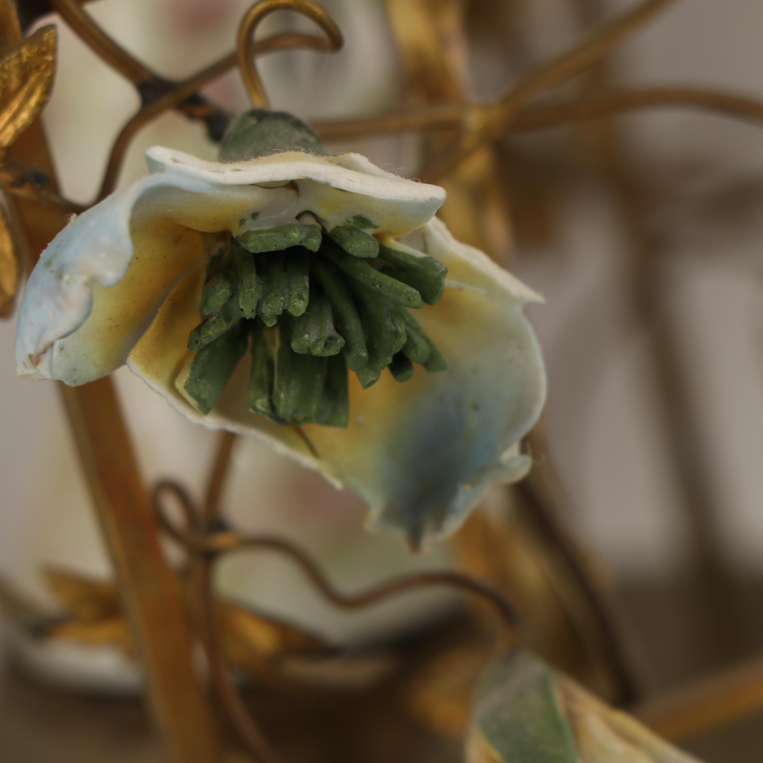 Antique French Ormolu Birdcage Chandelier with Porcelain Bird and Flowers