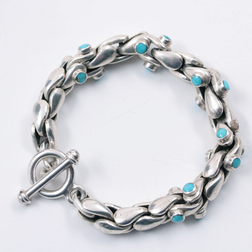 Sterling Silver Stabilized Turquoise Fancy Linked Bracelet