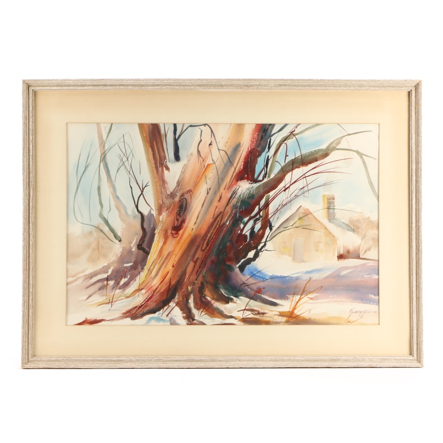 Florence Vintage Watercolor Painting of Tree in Winter