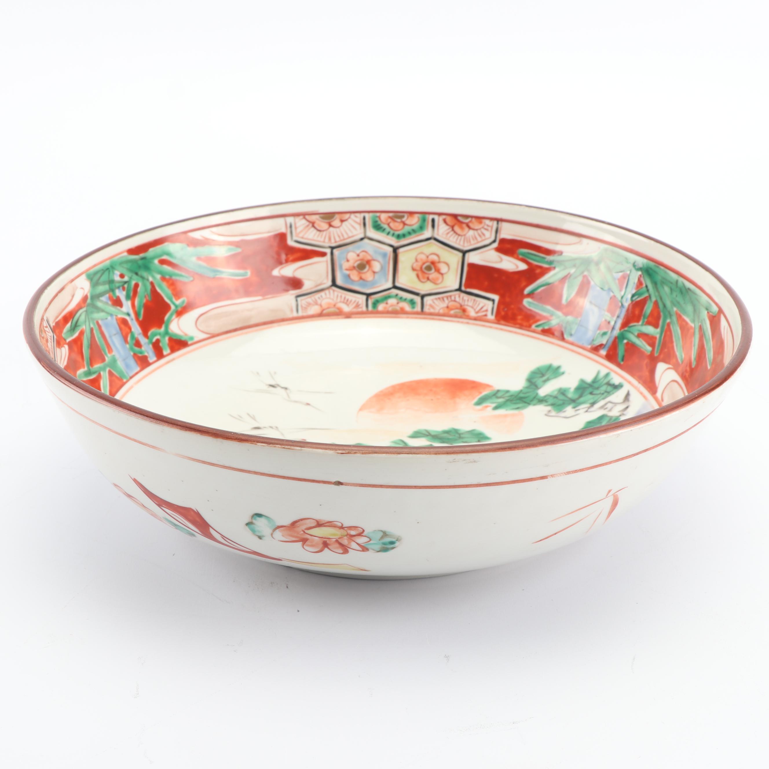Japanese Kutani Style Porcelain Bowl with Crane Motif