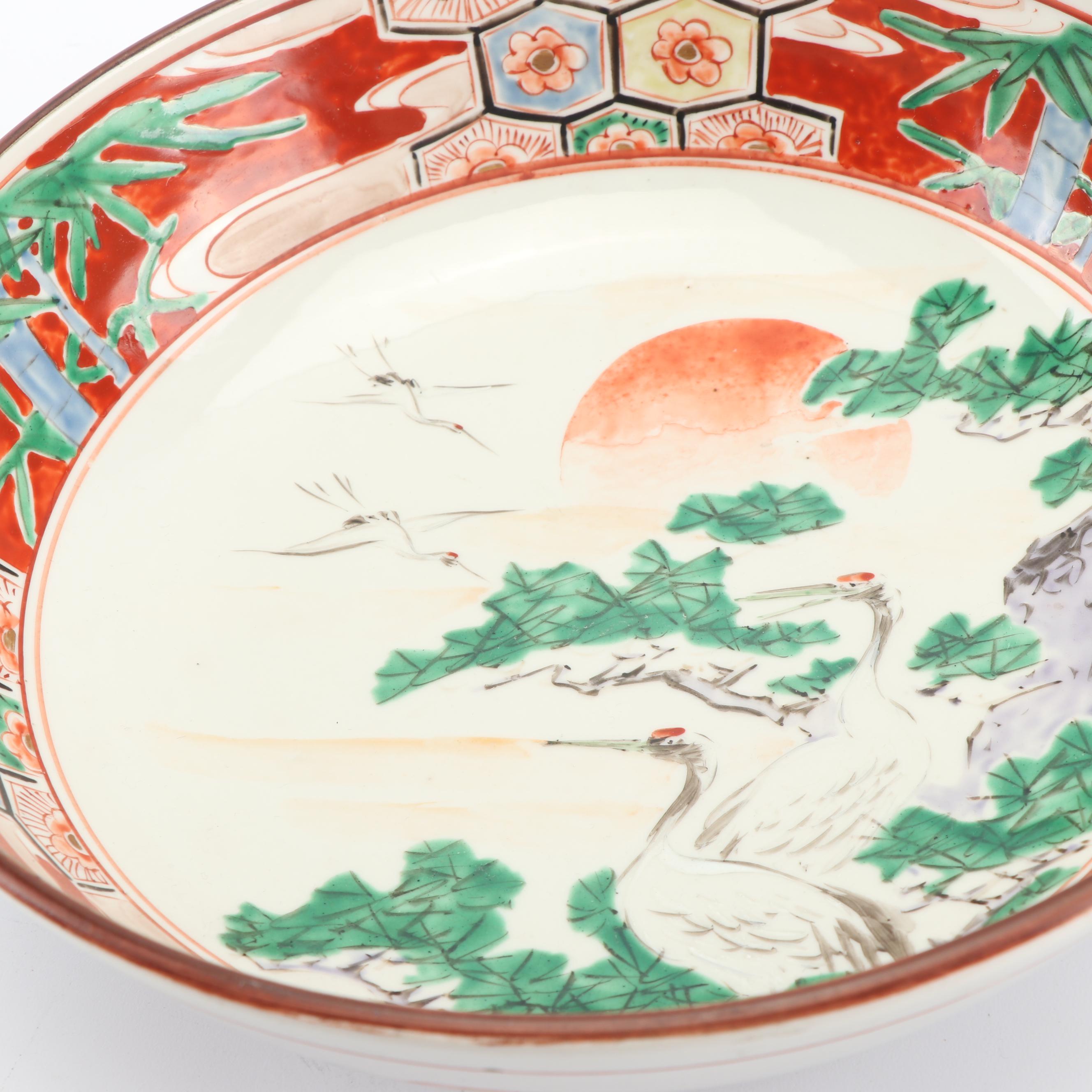 Japanese Kutani Style Porcelain Bowl with Crane Motif